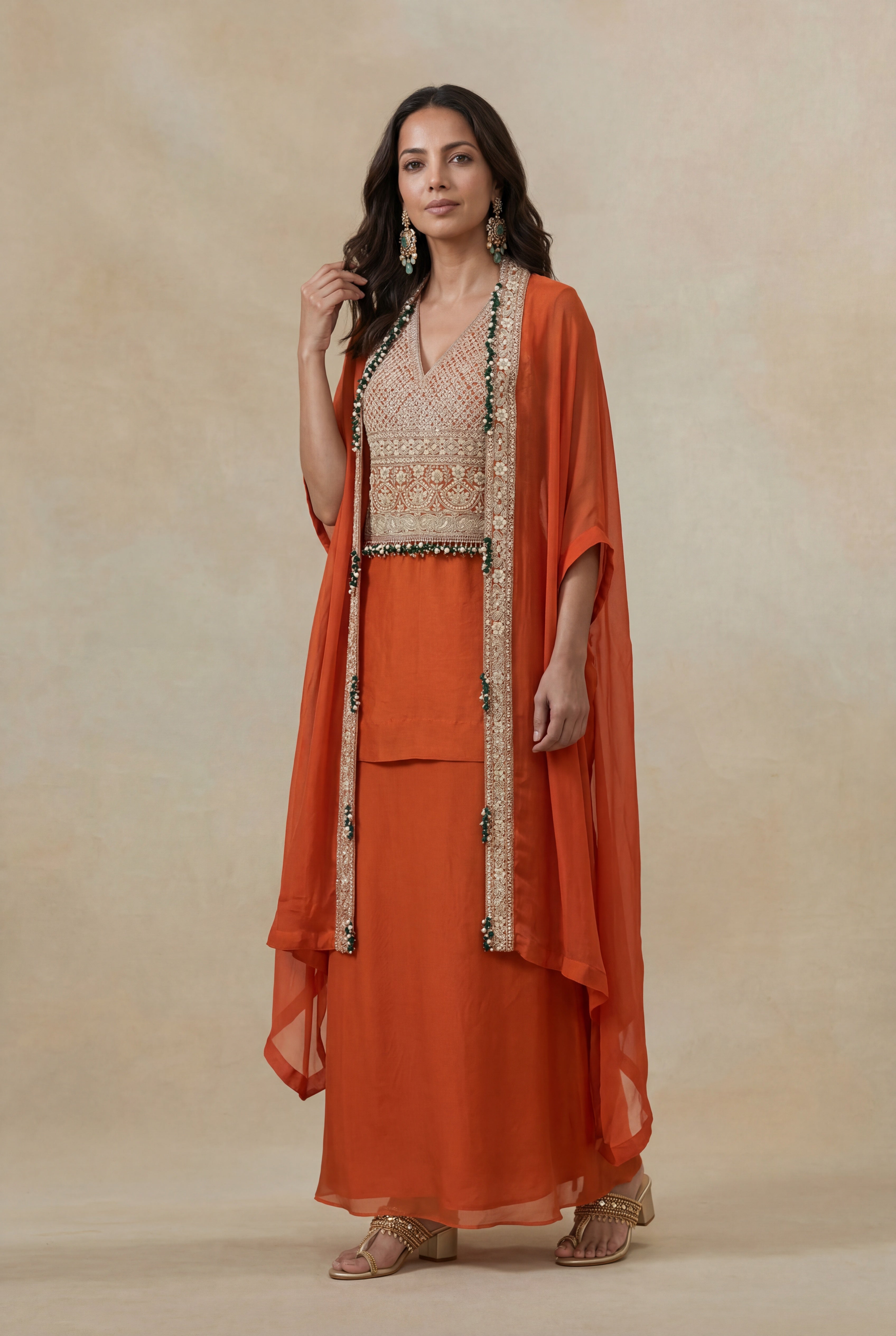 Orange Organza Silk Indo-Western Set