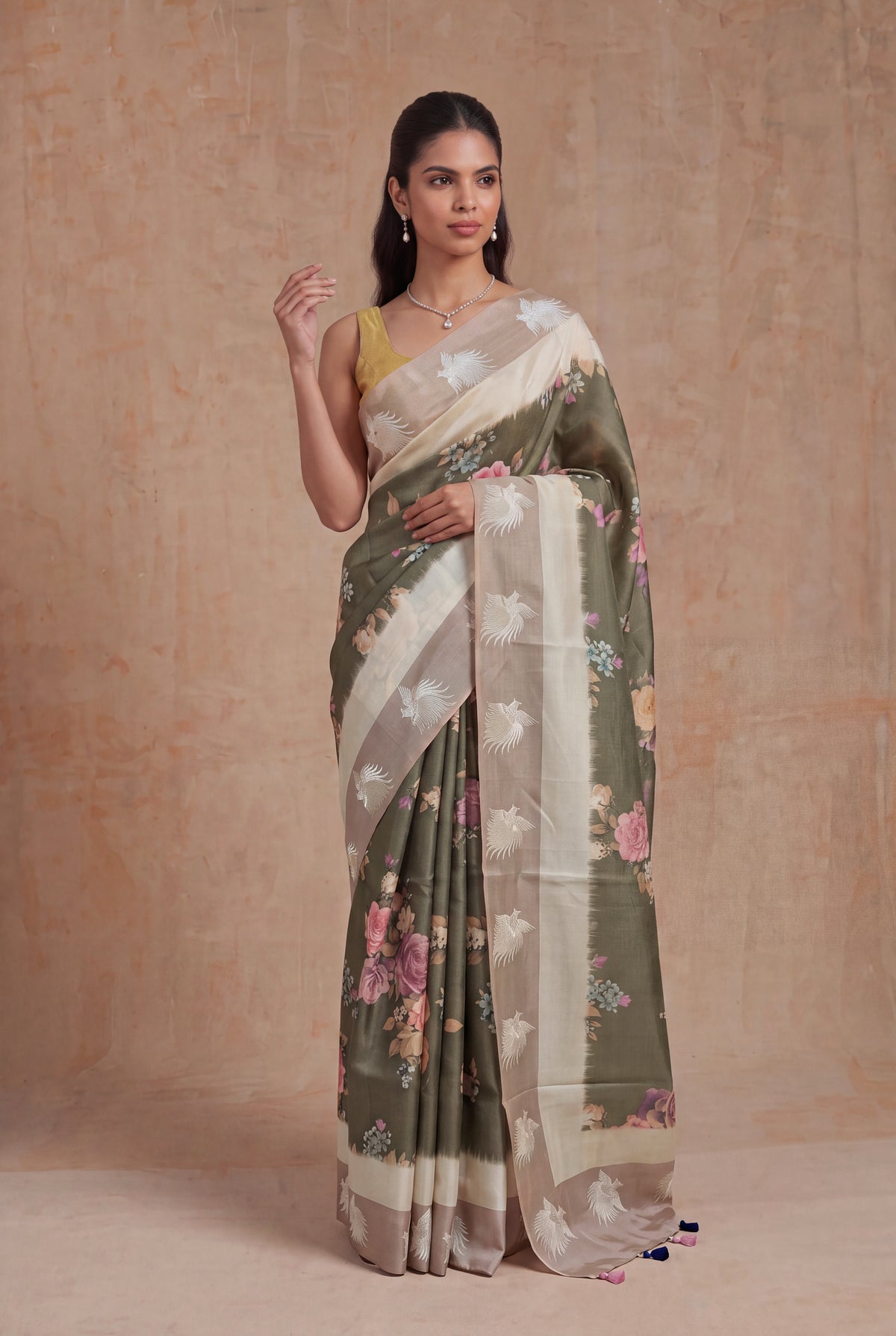 Olive Green Tussar Silk Saree - Mokshaa
