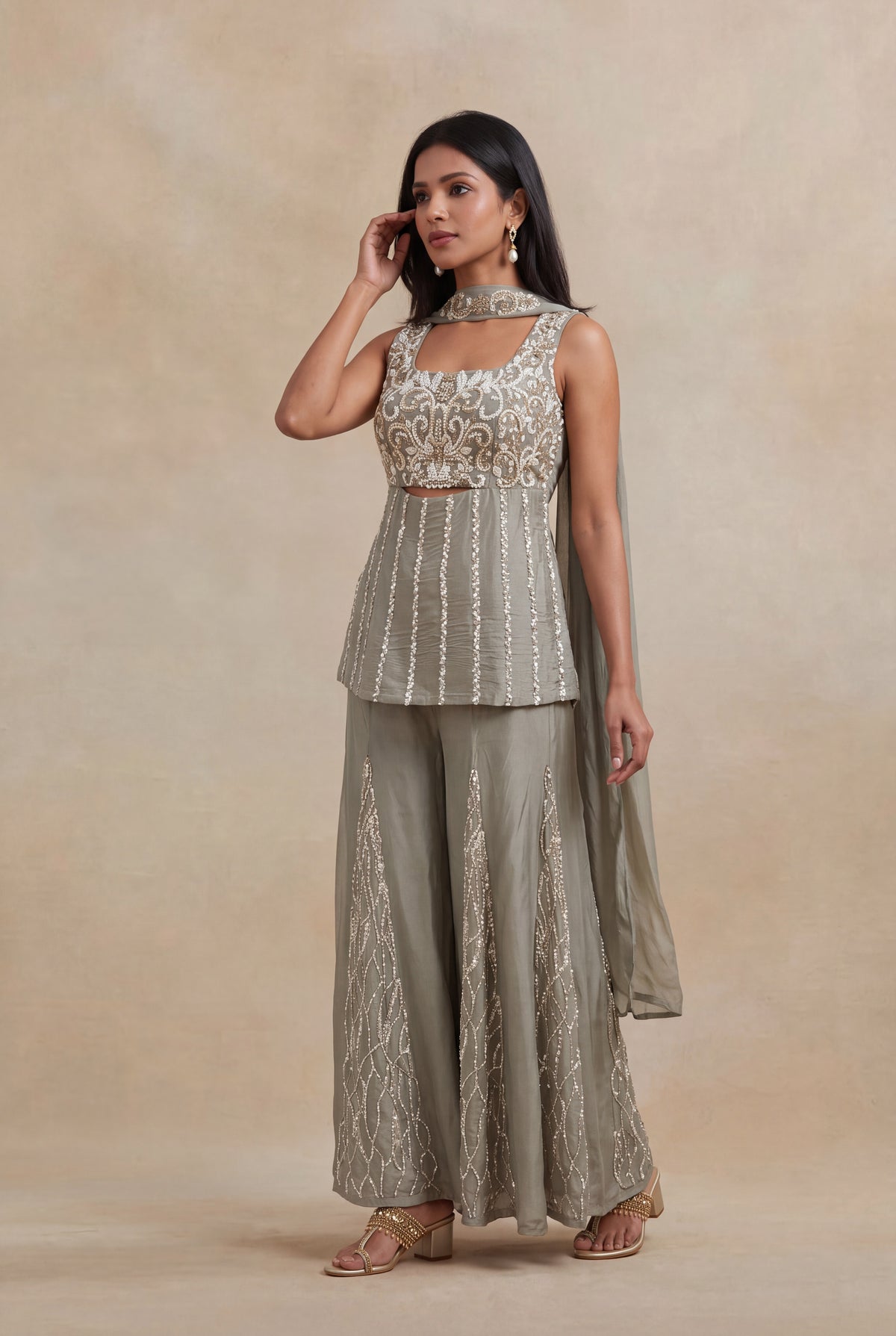 Grey Crepe Palazzo Set with Sequins & Katdana Work - Mokshaa