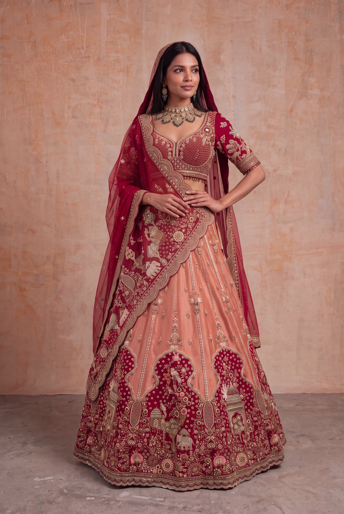 Peach & Deep Red Tissue Bridal Lehenga - Mokshaa