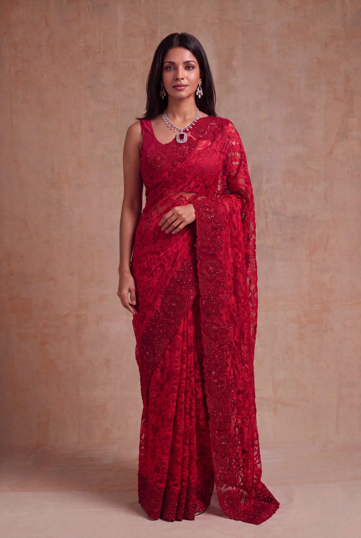 Red Net Saree with Sequin Jaal Work - Mokshaa