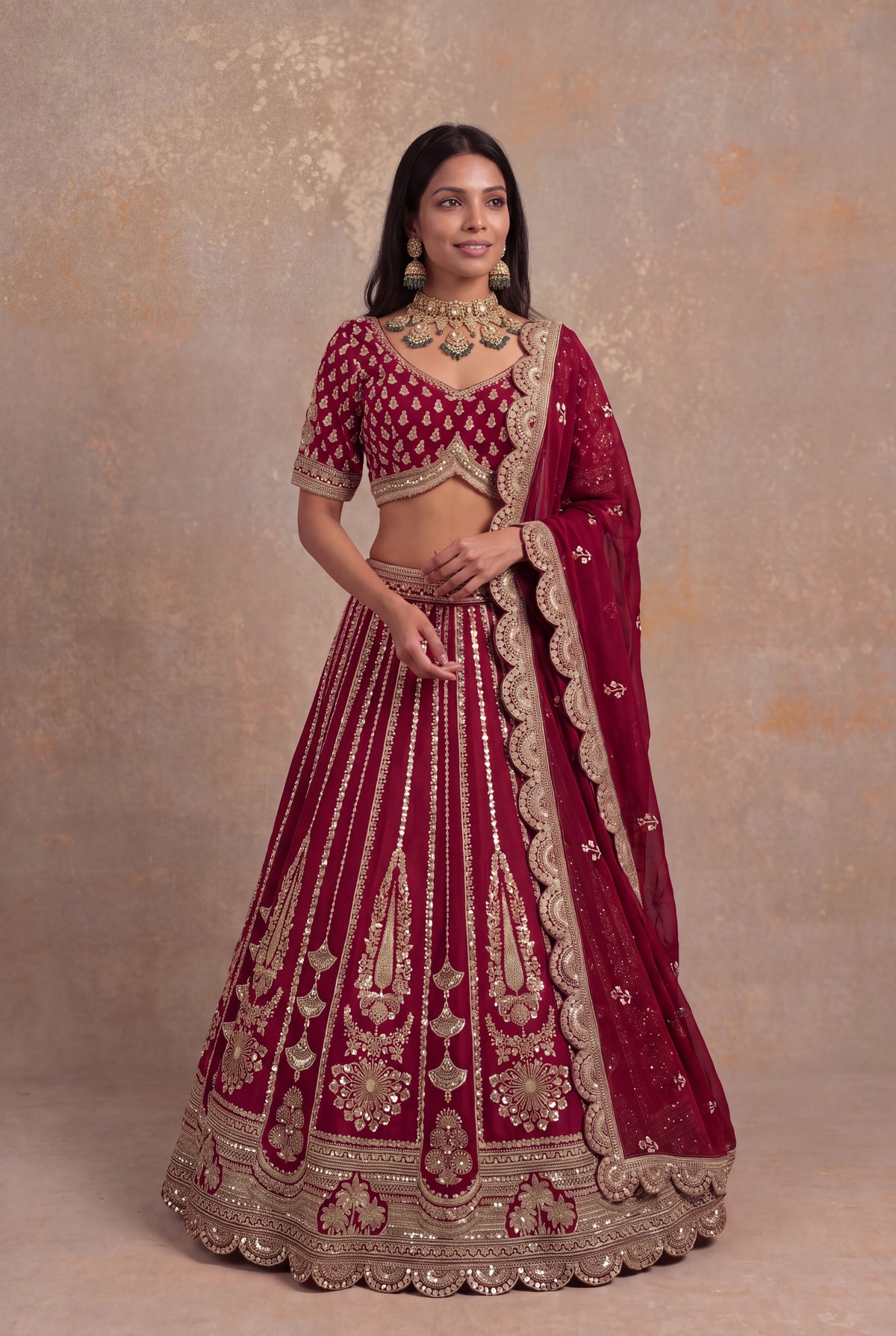 Maroon Raw Silk Lehenga Set with Cutdana Work - Mokshaa