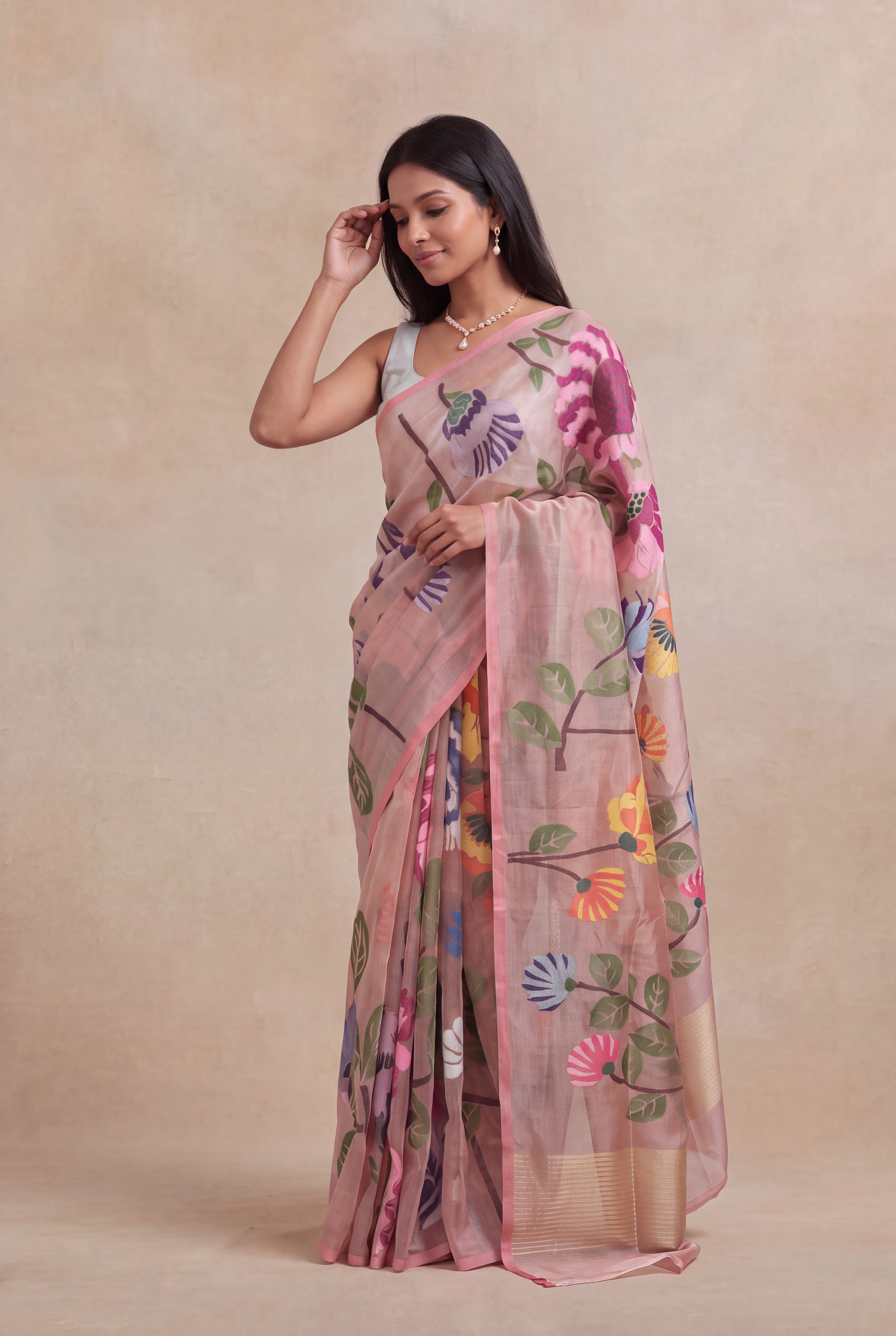 Peach Banarasi Tissue Silk Floral Jaal Saree