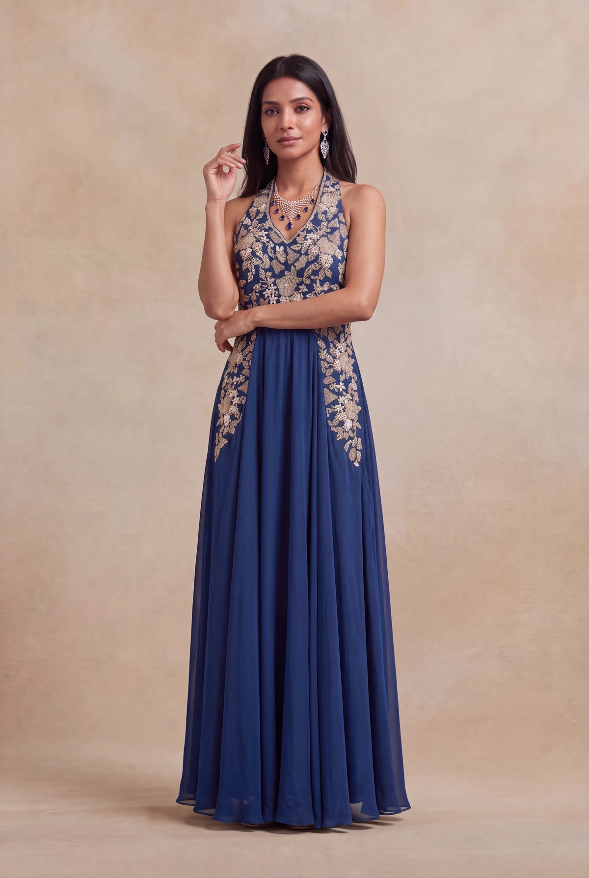 Navy Blue Satin Silk Gown - Mokshaa