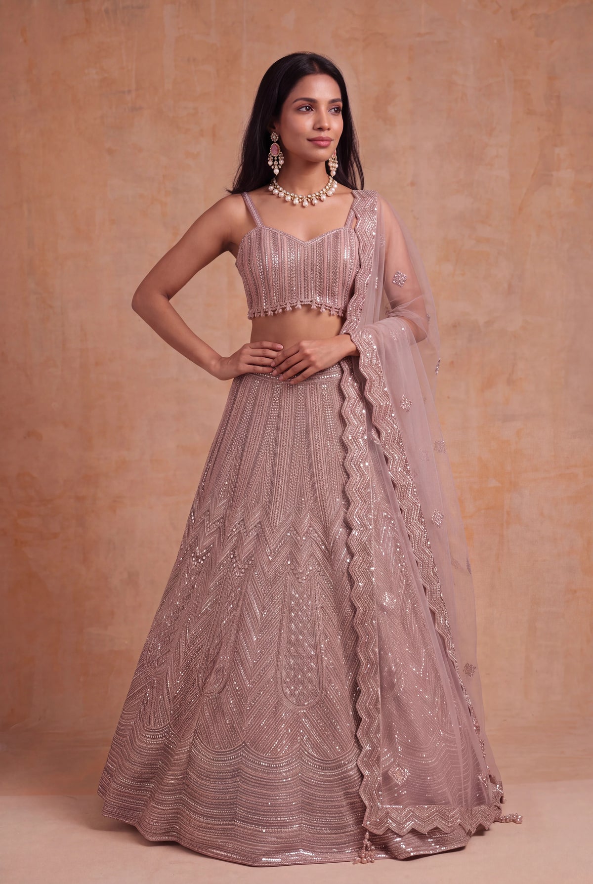 Dusty Rose Embellished Lehenga - Mokshaa