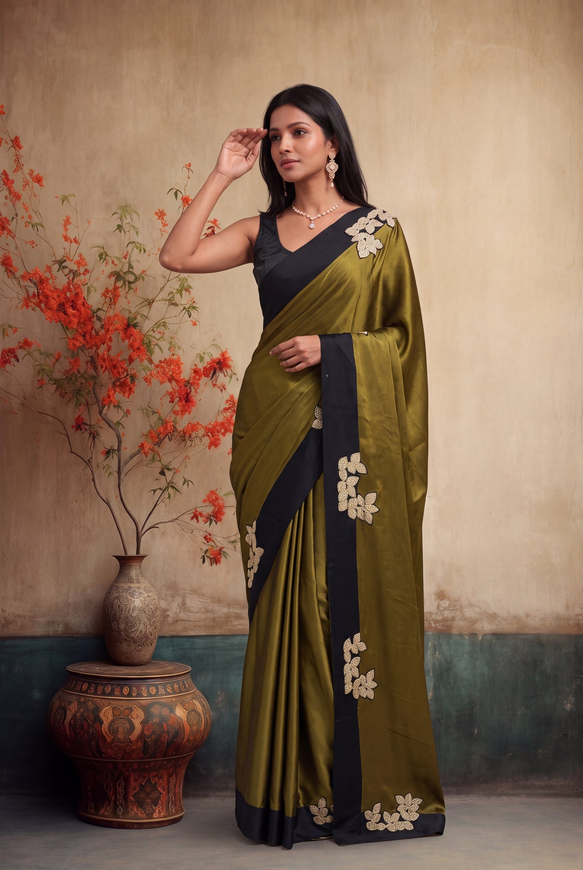 Olive Green Crepe Silk Saree - Mokshaa