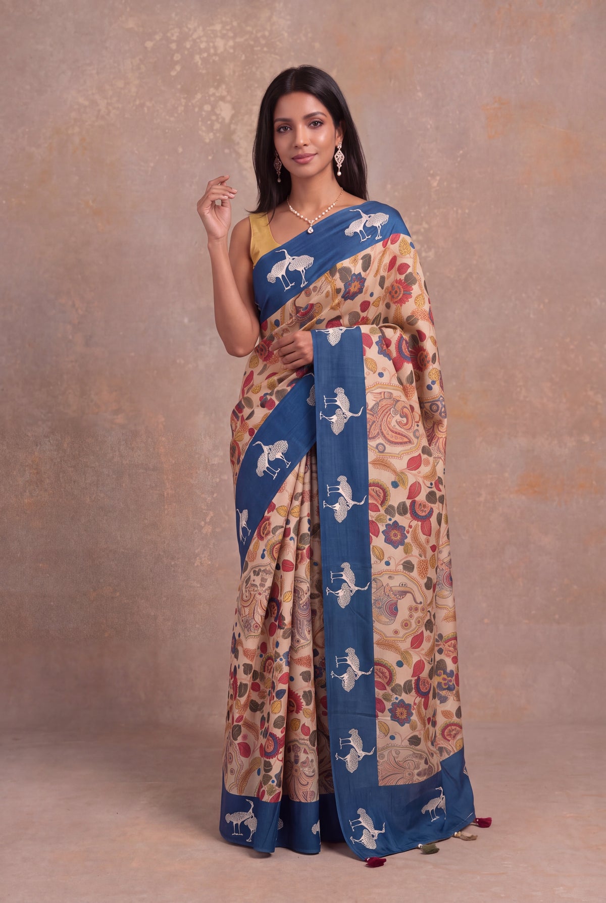 Off-White Tussar Silk Kalamkari Saree - Mokshaa