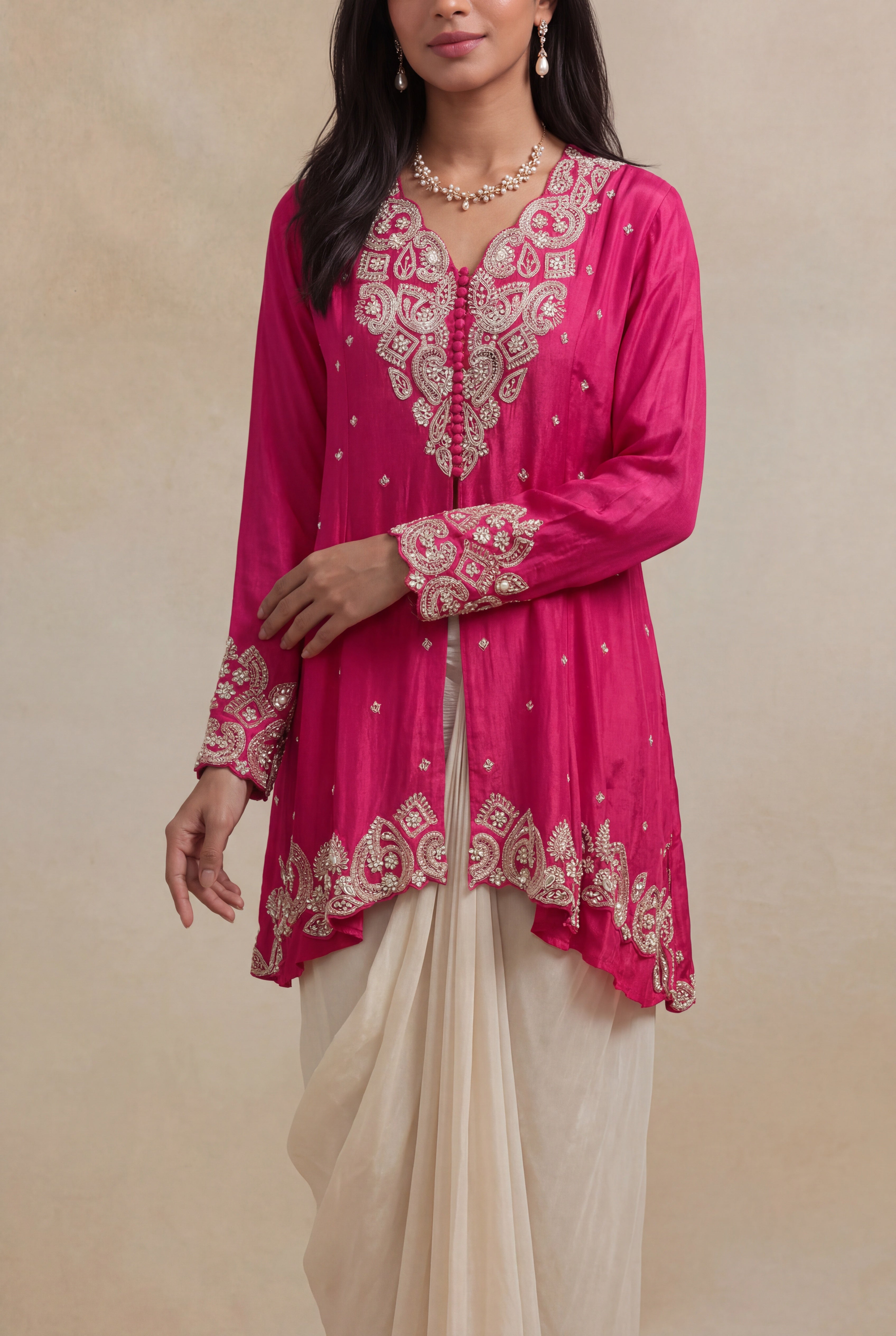 Pink Chinon Georgette Indo-Western Embroidered Draped Set