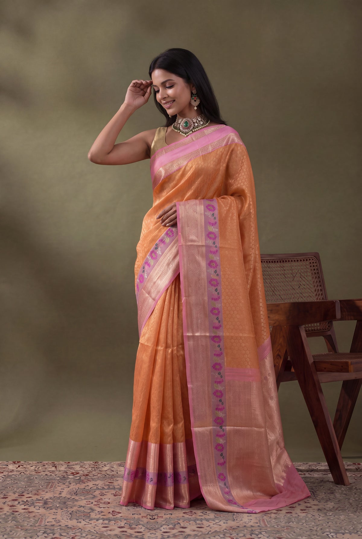 Peach Kanchipuram Kora Silk Fusion Saree - Mokshaa