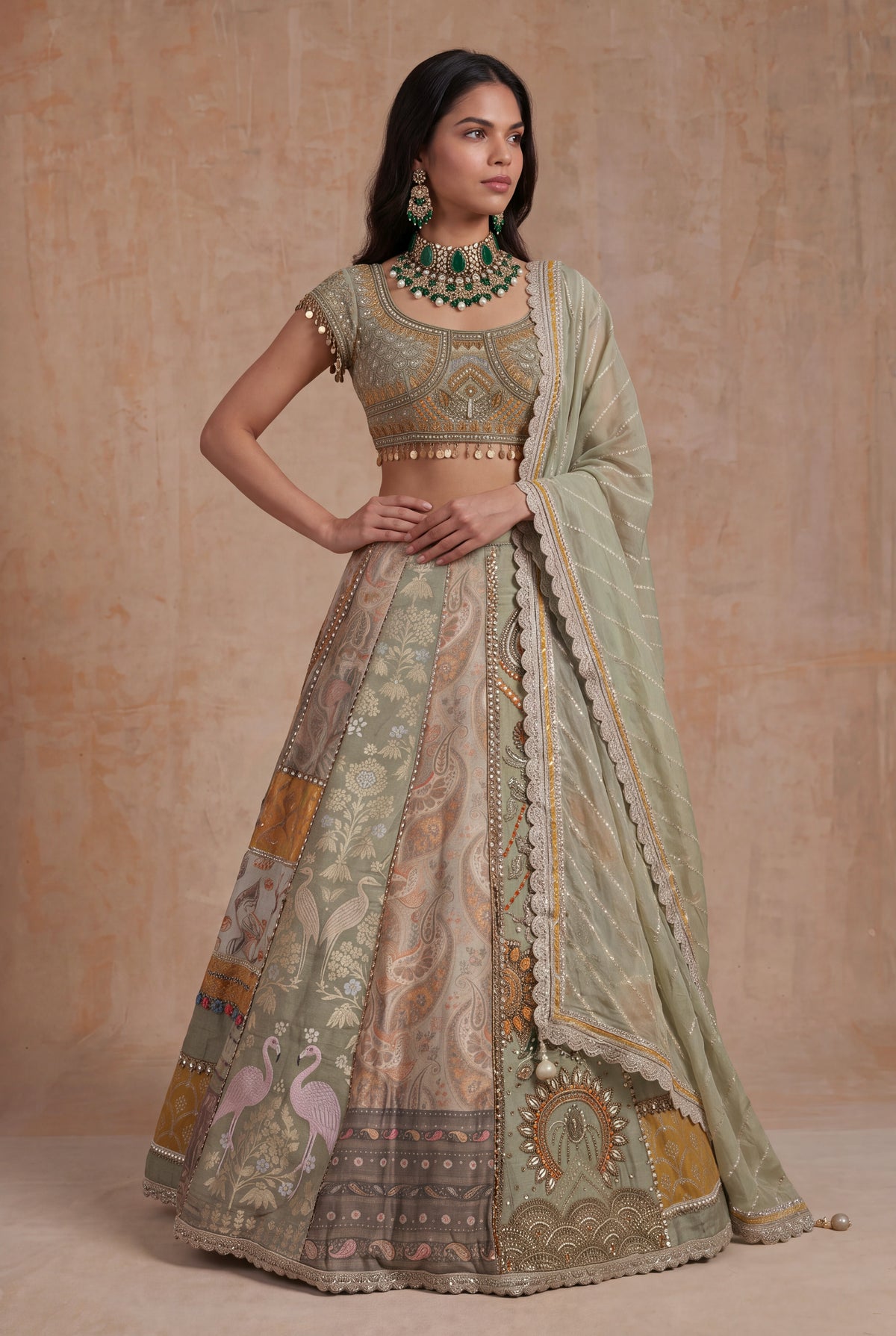 Light Green & Mustard Banarasi Printed Lehenga - Mokshaa