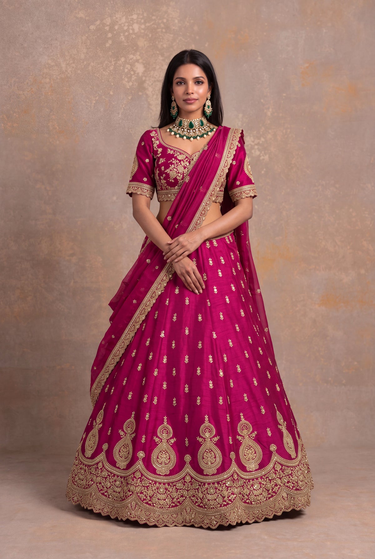 Magenta Raw Silk Lehenga Set with Zardozi and Kundan Work - Mokshaa