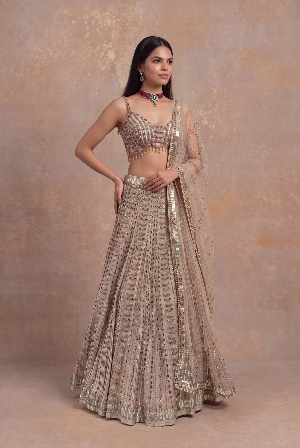 Light Peach Silk Lehenga Set with Stone and Pearl Embroidery - Mokshaa