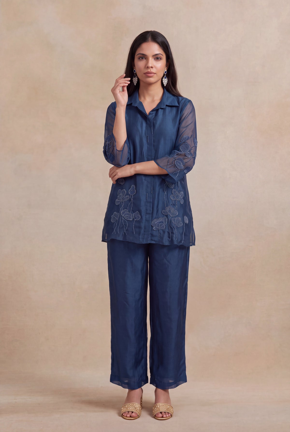 Navy Blue Organza Co-ord Set - Mokshaa