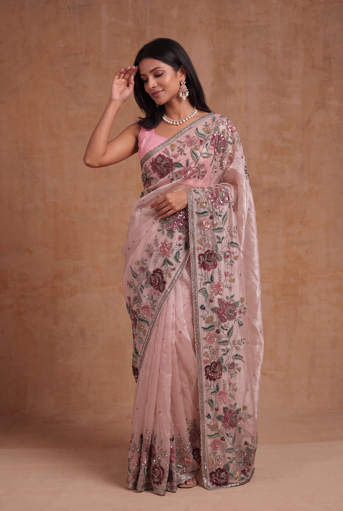 Blush Pink Tissue Organza Floral Sequin Saree - Mokshaa