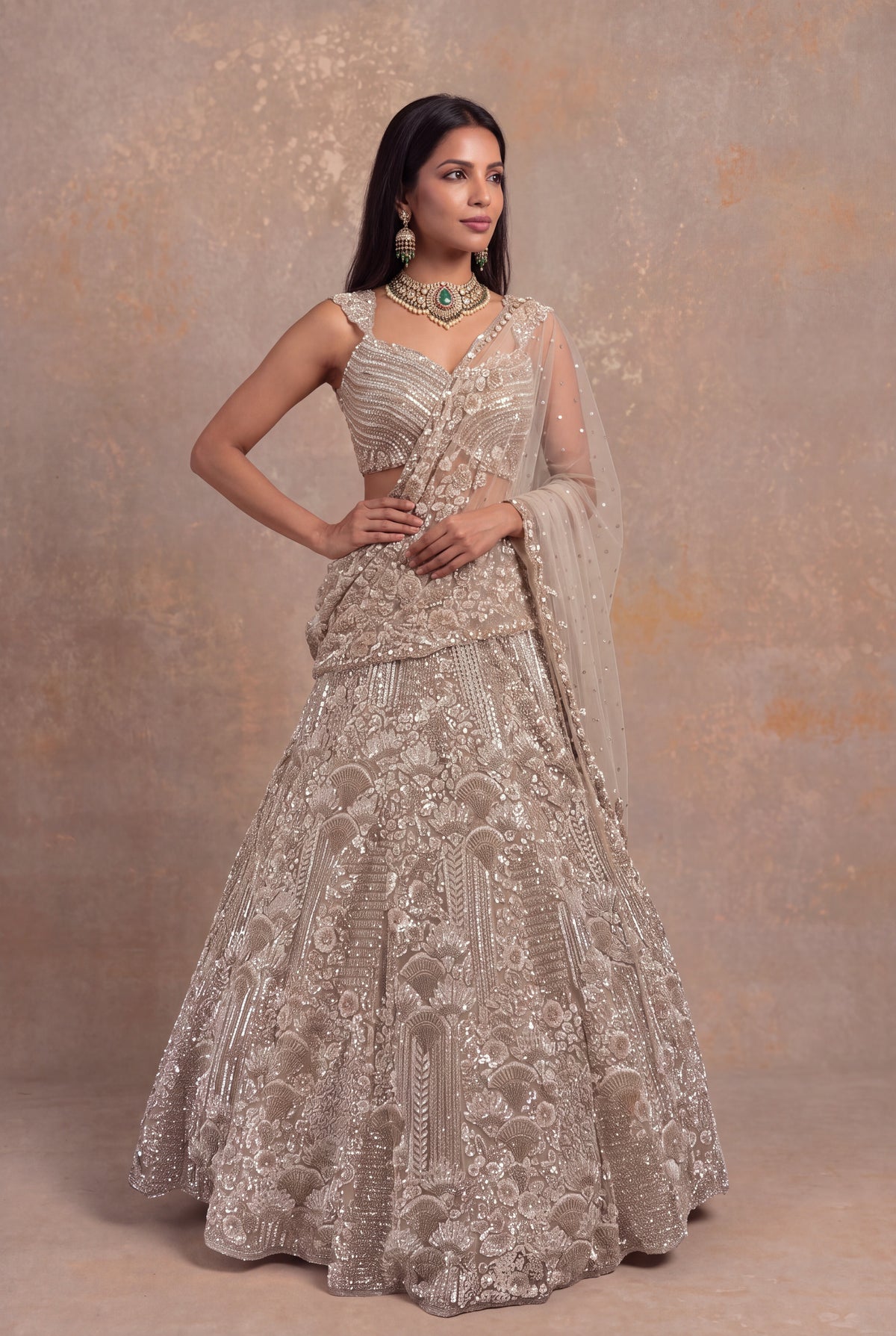 Beige Gold Net Lehenga with Sequin and Bead Embroidery - Mokshaa