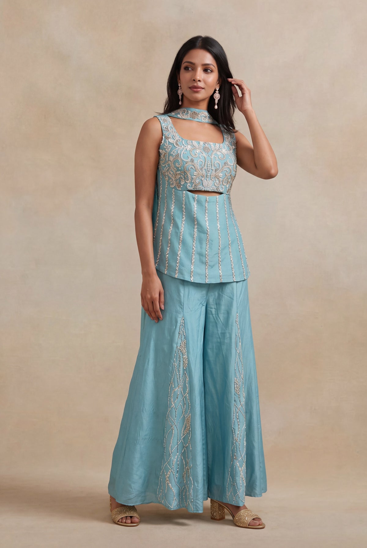 Powder Blue Crepe Palazzo Set with Sequins & Katdana Work - Mokshaa