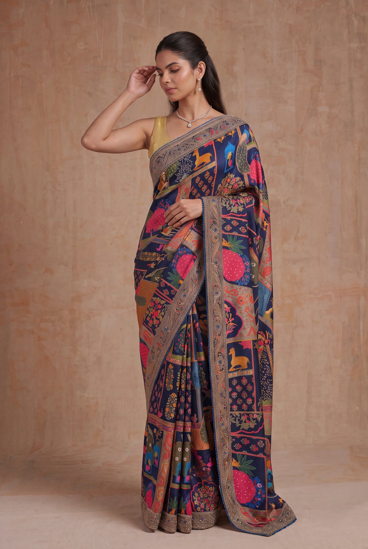 Navy Blue Digital Print Satin Saree - Mokshaa