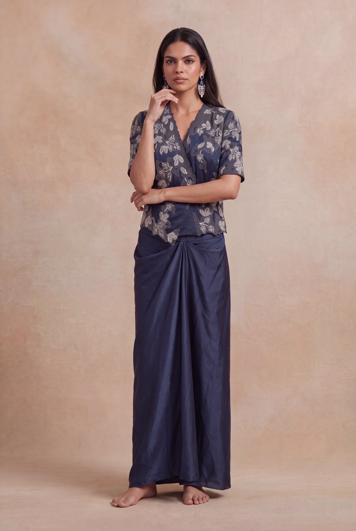 Navy Blue Satin Silk Indo-Western Set - Mokshaa