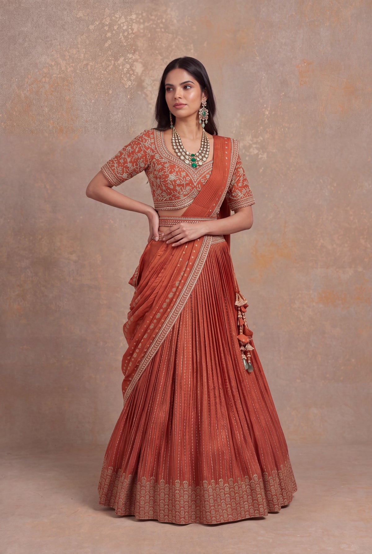 Light Orange Banarasi Draped Lehenga Set - Mokshaa