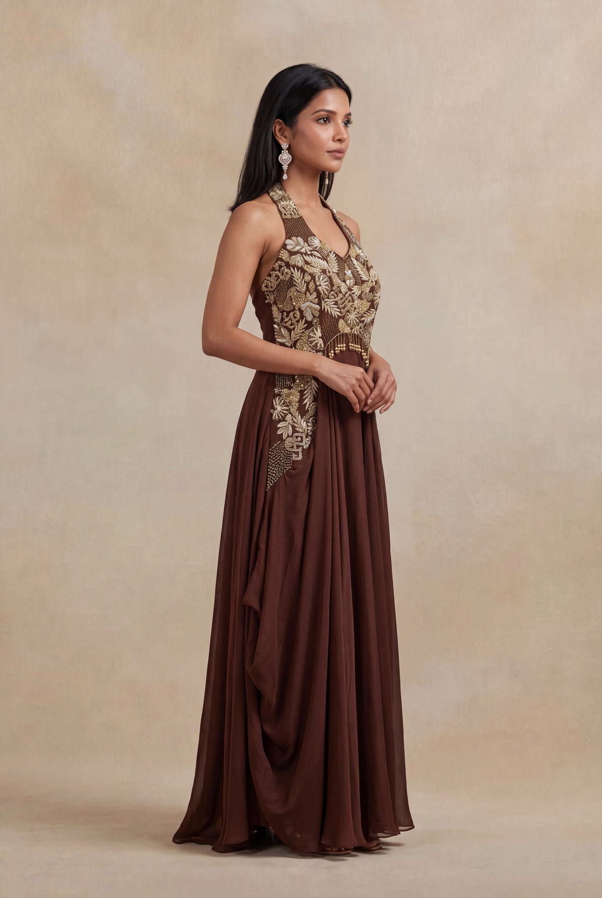 Brown Satin Silk Sequin Embroidered Western Gown - Mokshaa