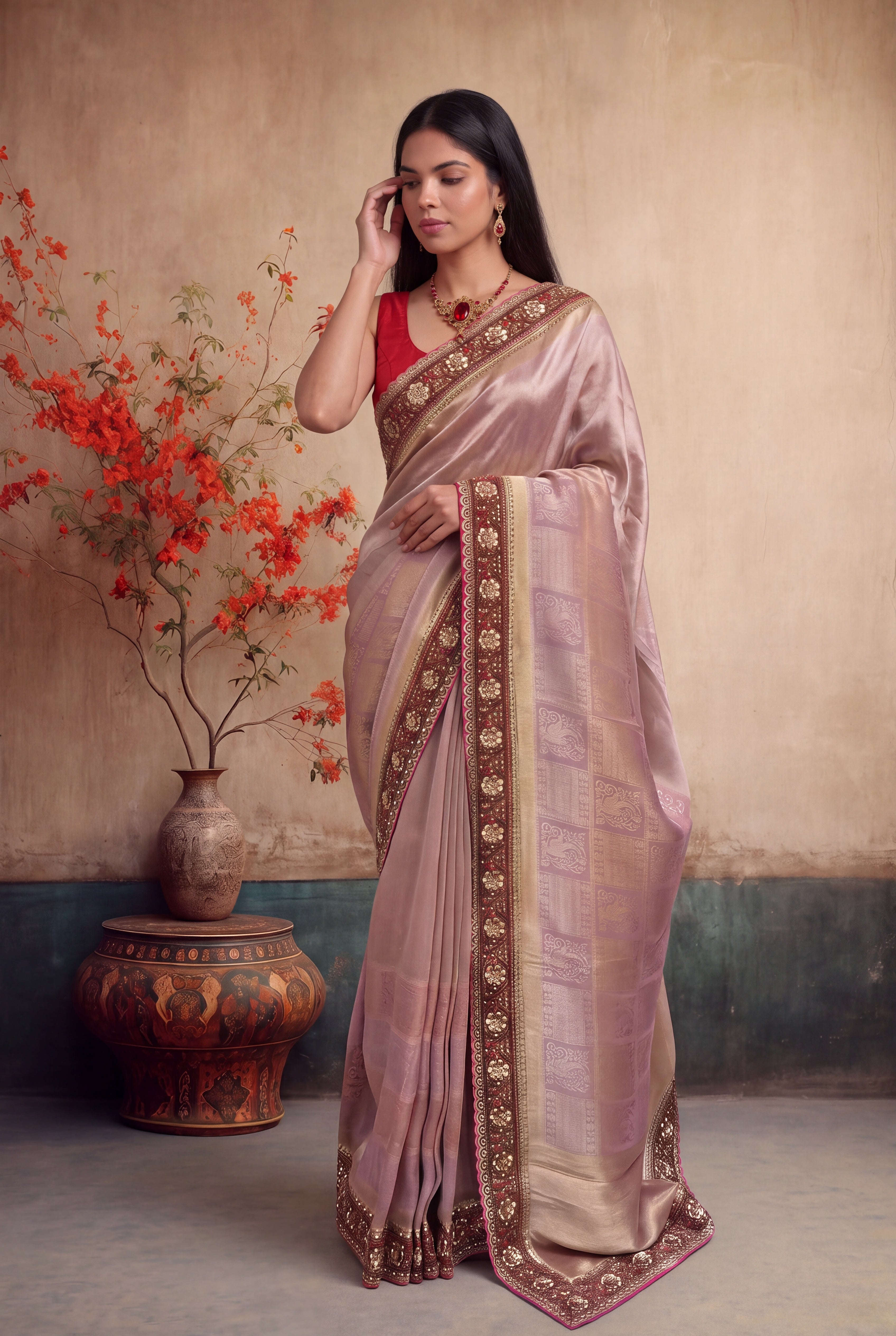 Mauve Pink Zardozi Scallop Border Saree