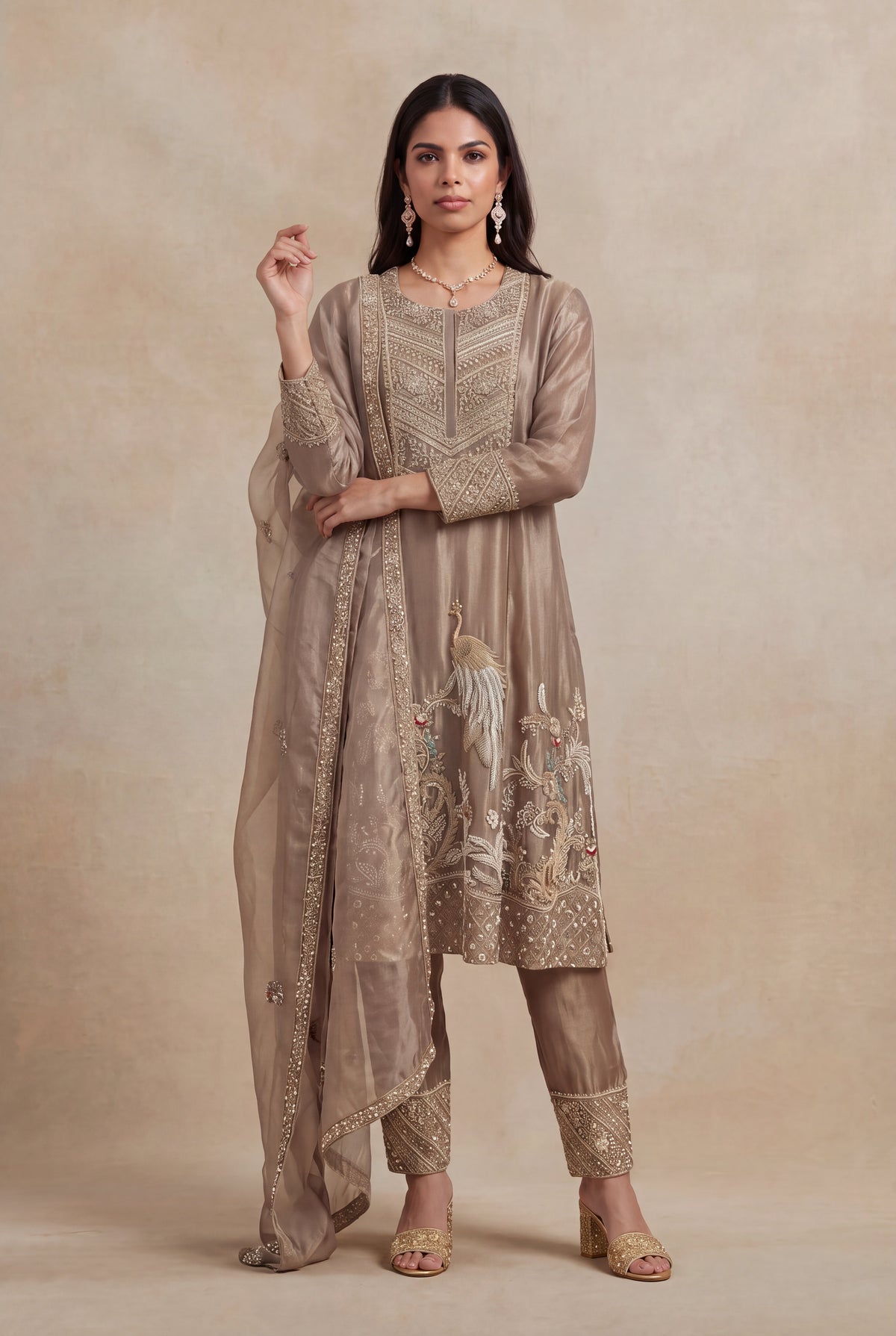 Mocha Taupe Pure Tissue Silk Indo Western Kurta Set with Zardozi Embroidery - Mokshaa