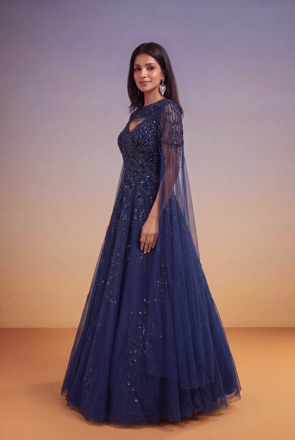 Navy Blue Katdana & Sequin Net Gown with Cape - Mokshaa
