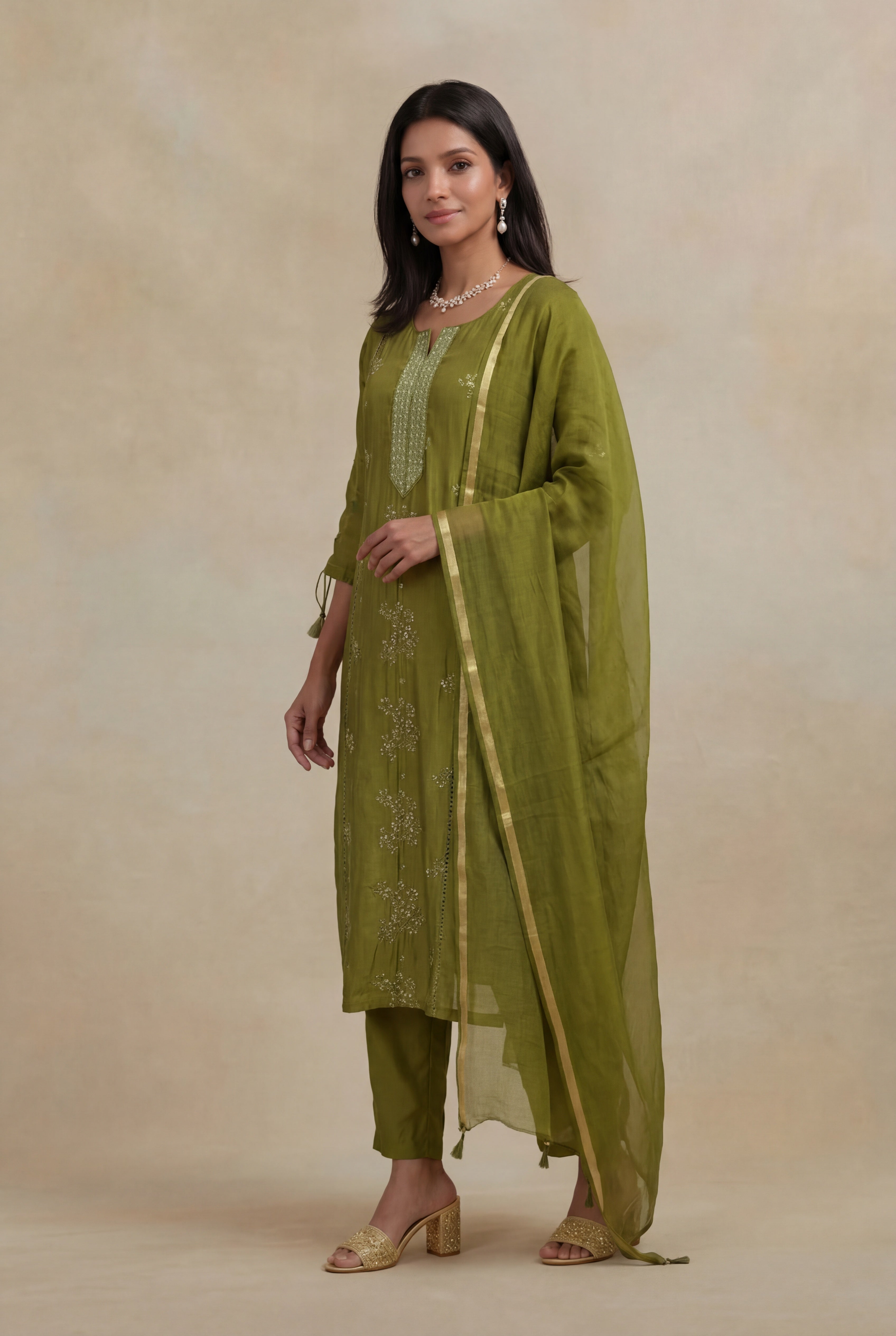 Olive Green Mulmul Cotton Straight Cut Salwar Set