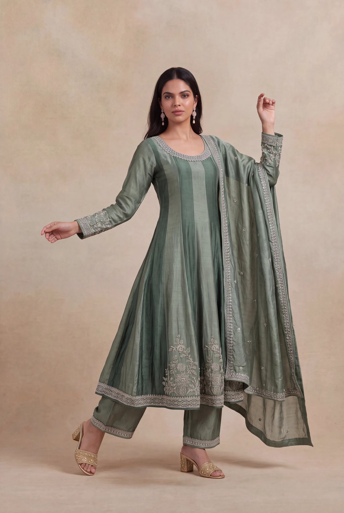 Sage Green Raw Silk Anarkali Set - Mokshaa