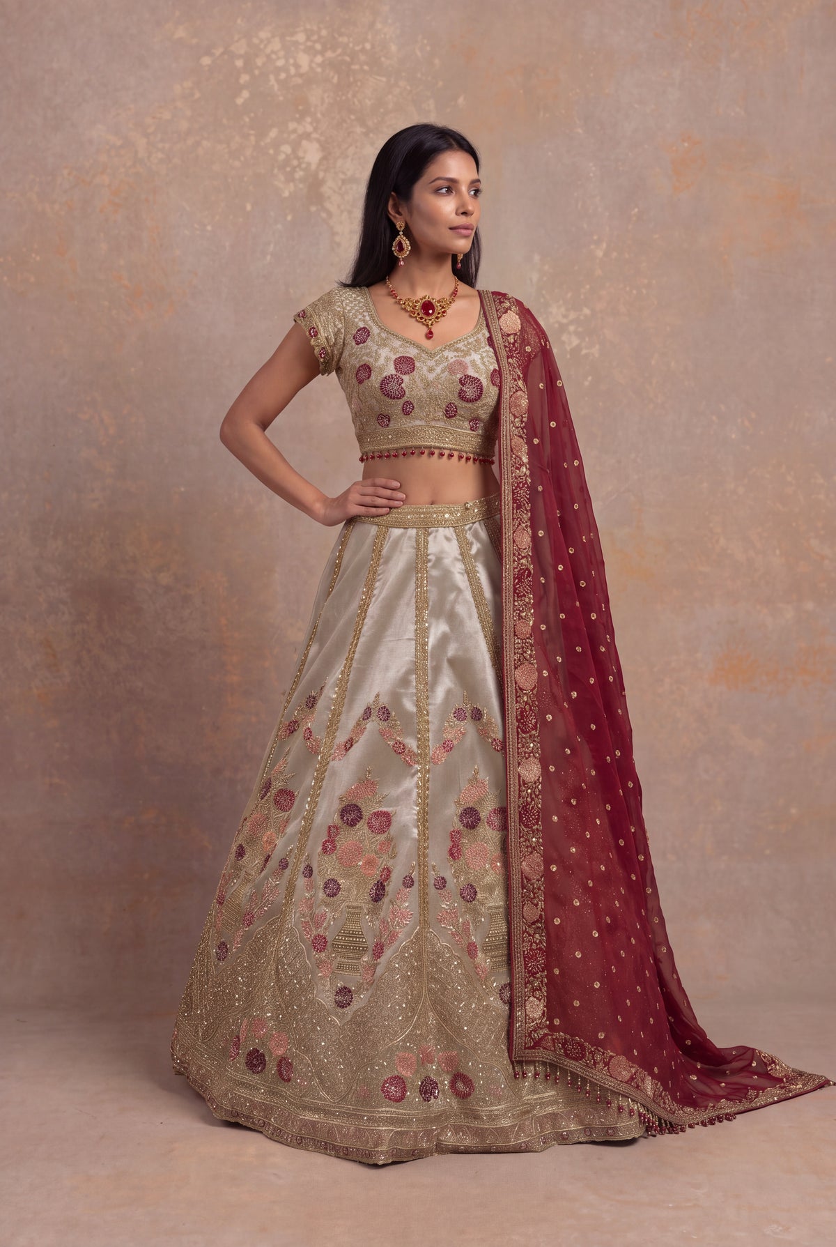 Gray Tissue Lehenga Set with Zardozi and Velvet Applique - Mokshaa