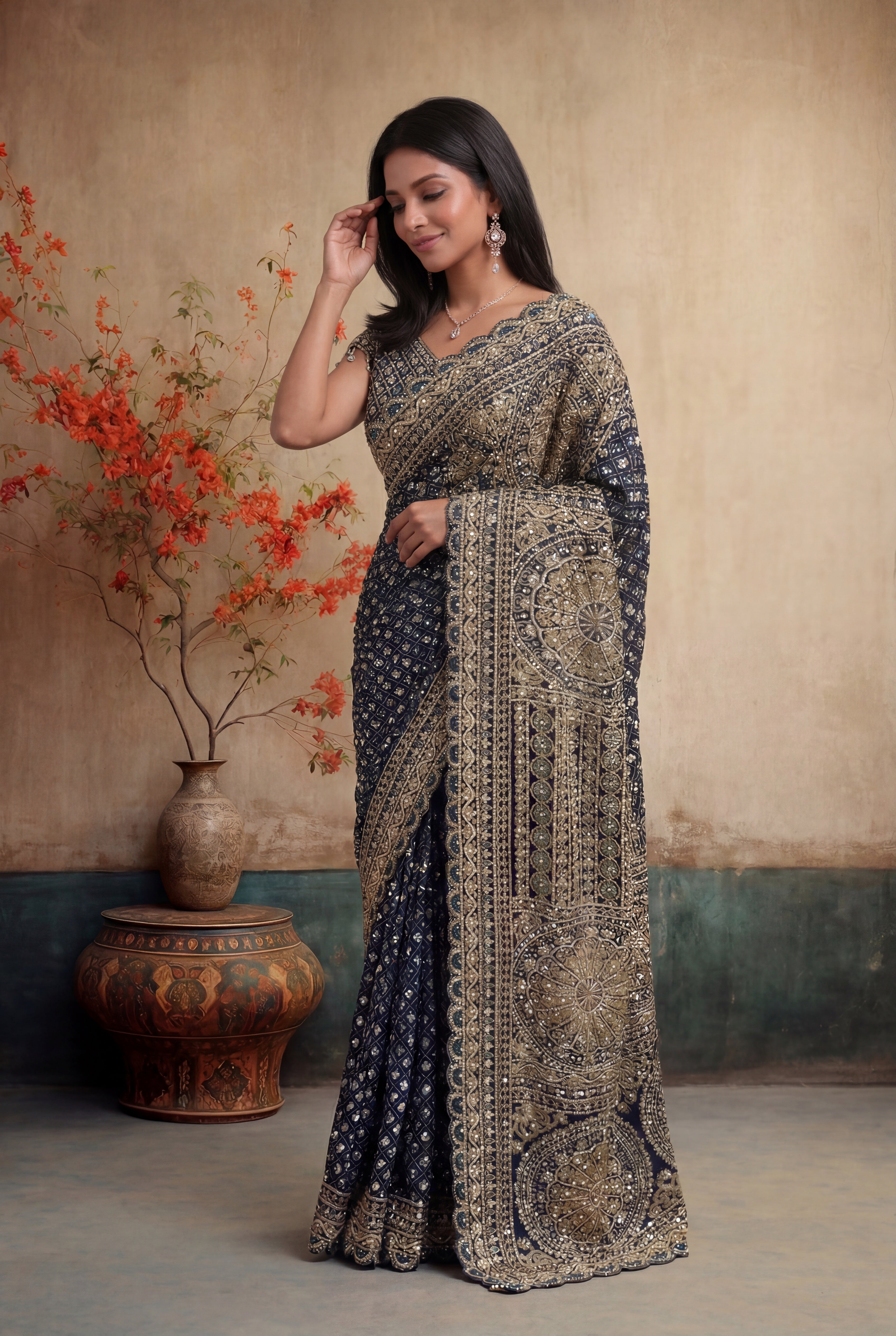 Navy Blue Rinkle Georgette Sequins Saree