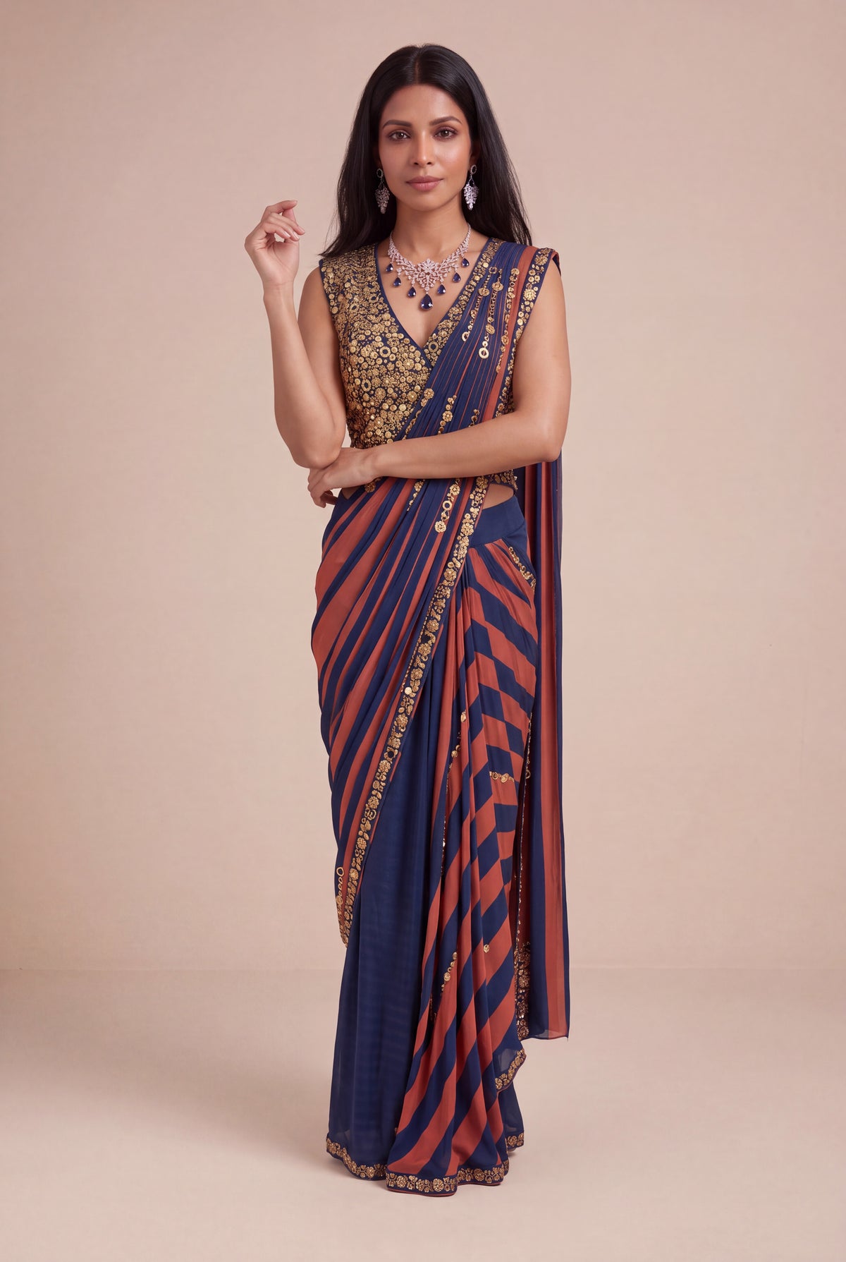 Navy Blue & Rust Satin Silk Pre-Draped Saree - Mokshaa