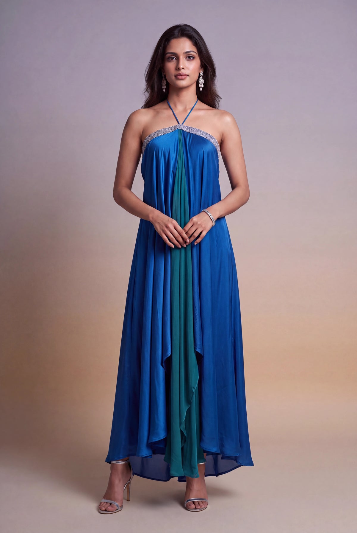 Blue & Teal Draped Halter-Neck Indo-Western Dress - Mokshaa