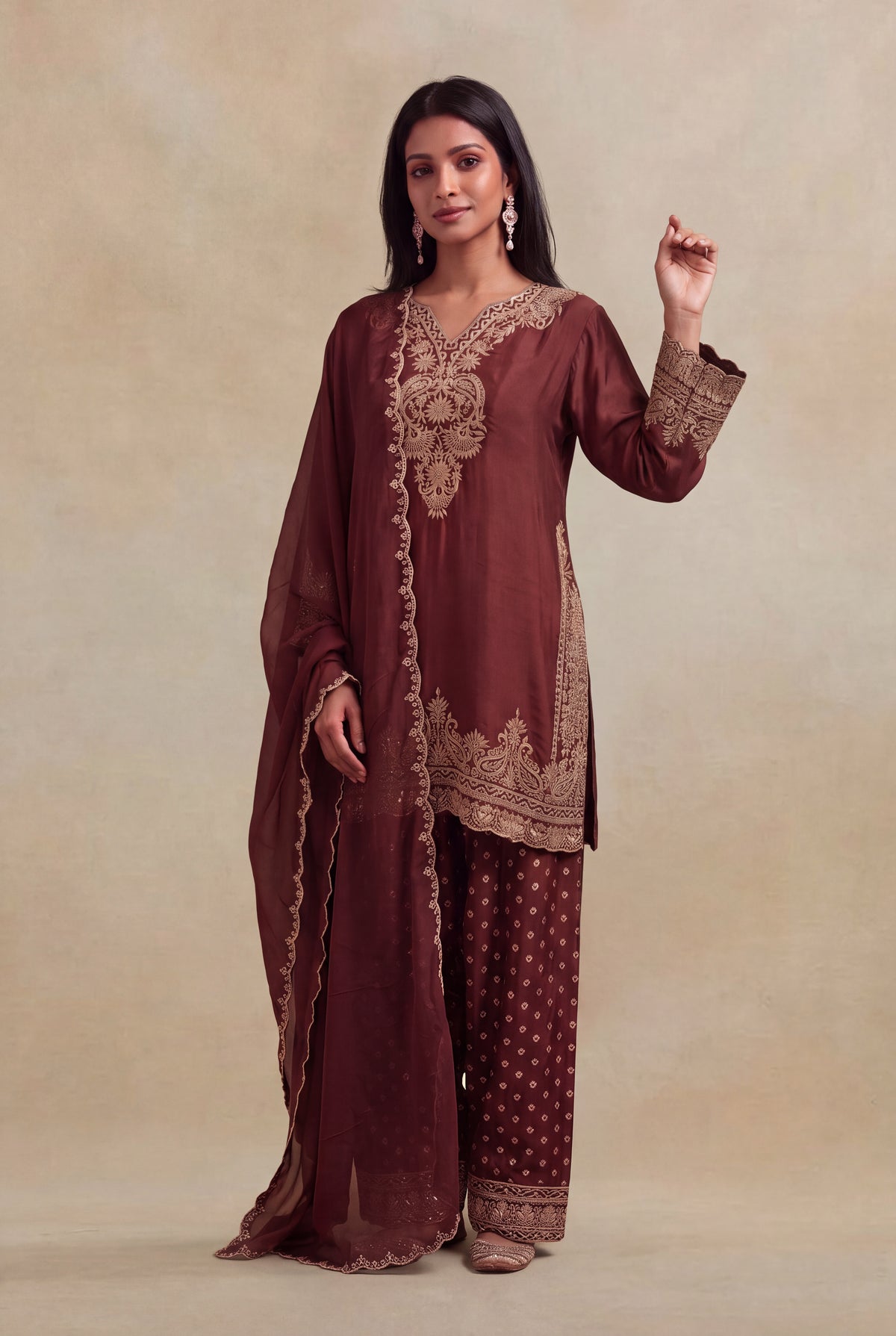 Brown Raw Silk Zardosi Indo-Western Set - Mokshaa