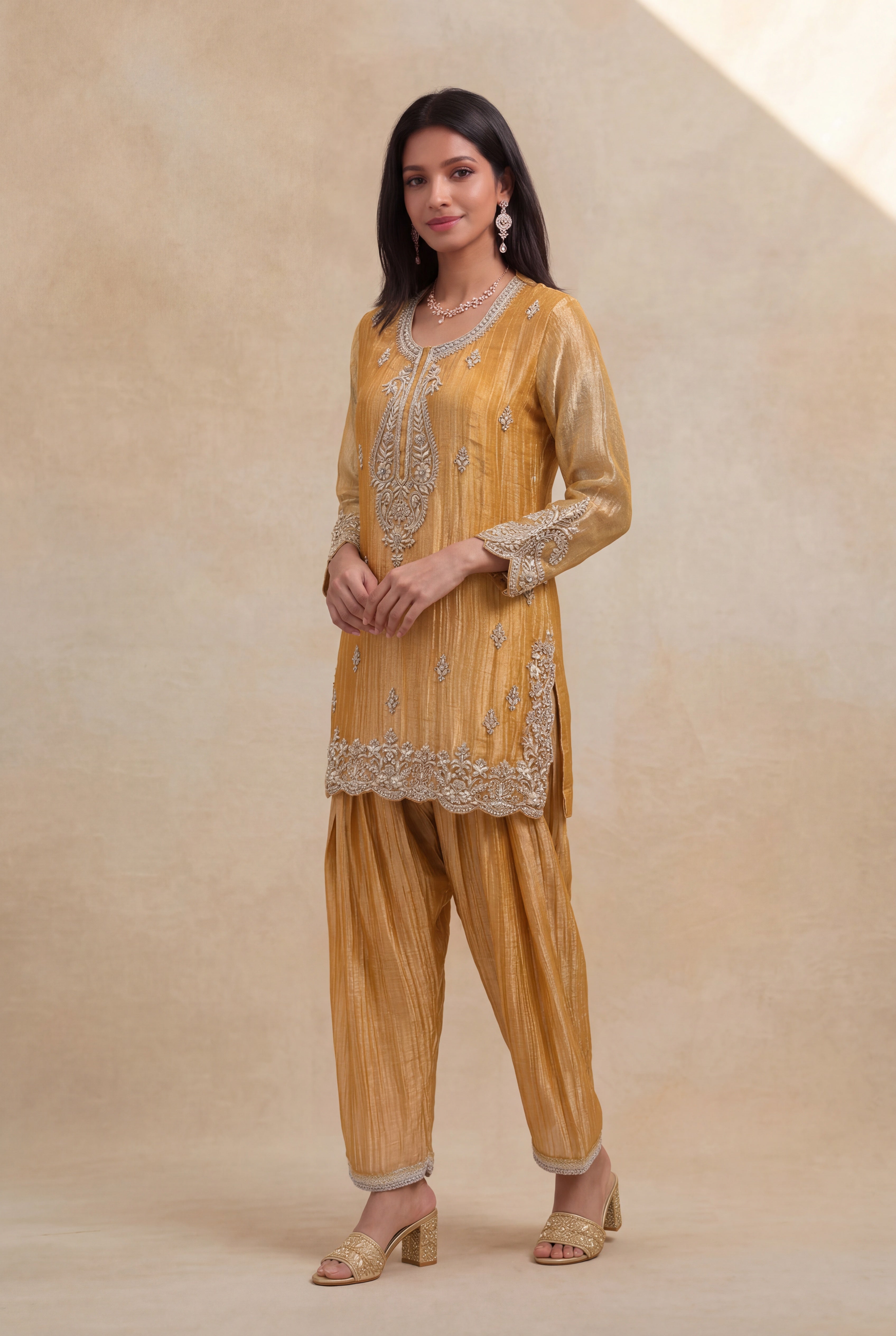 Mustard Yellow Organza Tissue Short Top Sharara Set