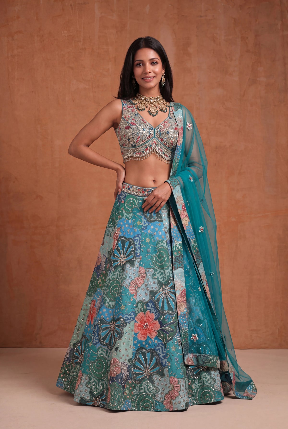Teal Tissue Silk Floral Lehenga - Mokshaa
