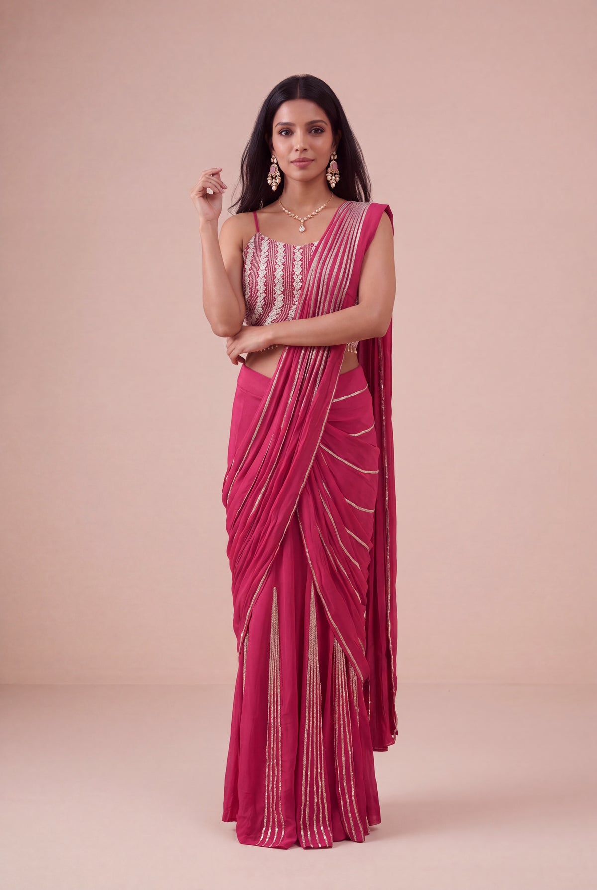 Rani Pink Chinon Crepe Draped Saree - Mokshaa