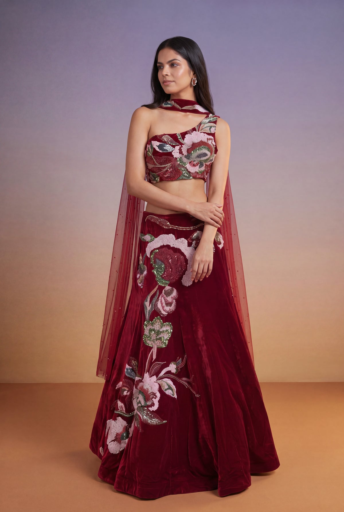 Cherry Red Velvet Lehenga Set with Cutdana and Pearl Embroidery - Mokshaa