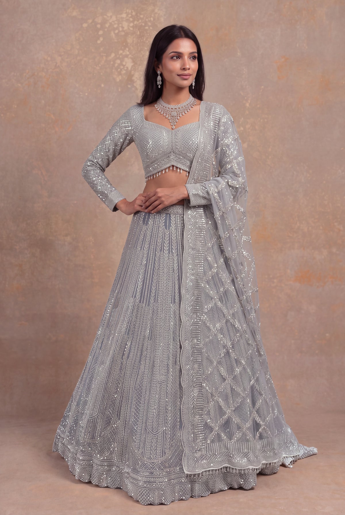 Ice Blue Net Sequin & Stone Embellished Lehenga Set - Mokshaa