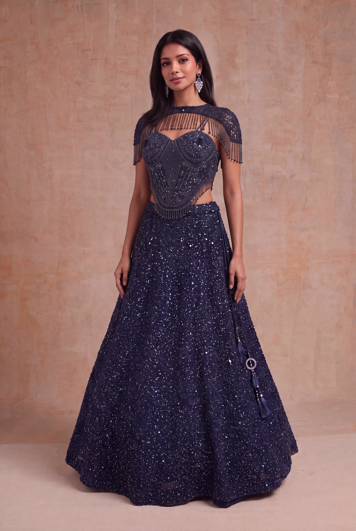 Navy Blue Indo-Western Net Lehenga - Mokshaa