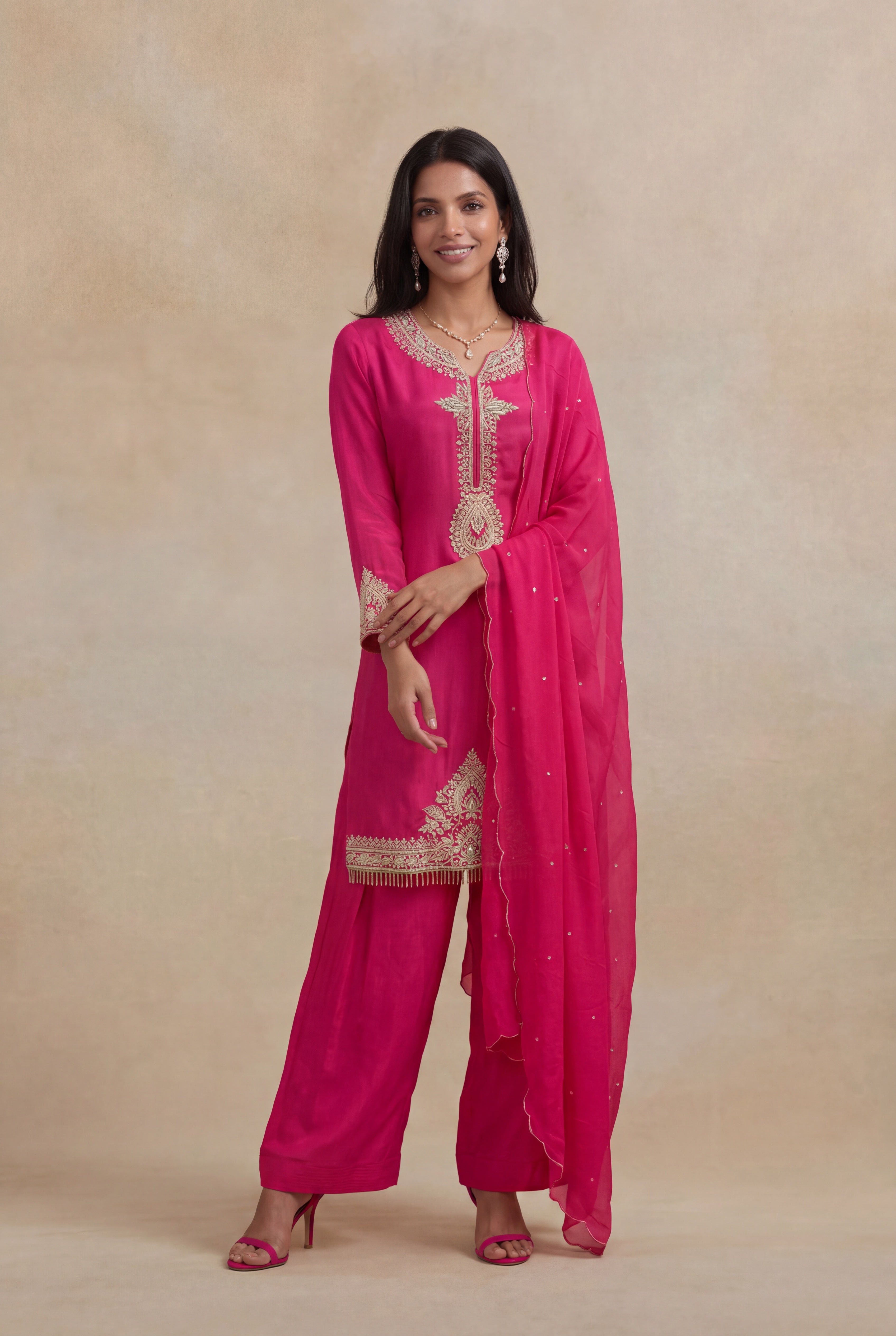 Rani Pink Crepe Embroidered Short Top Sharara Set