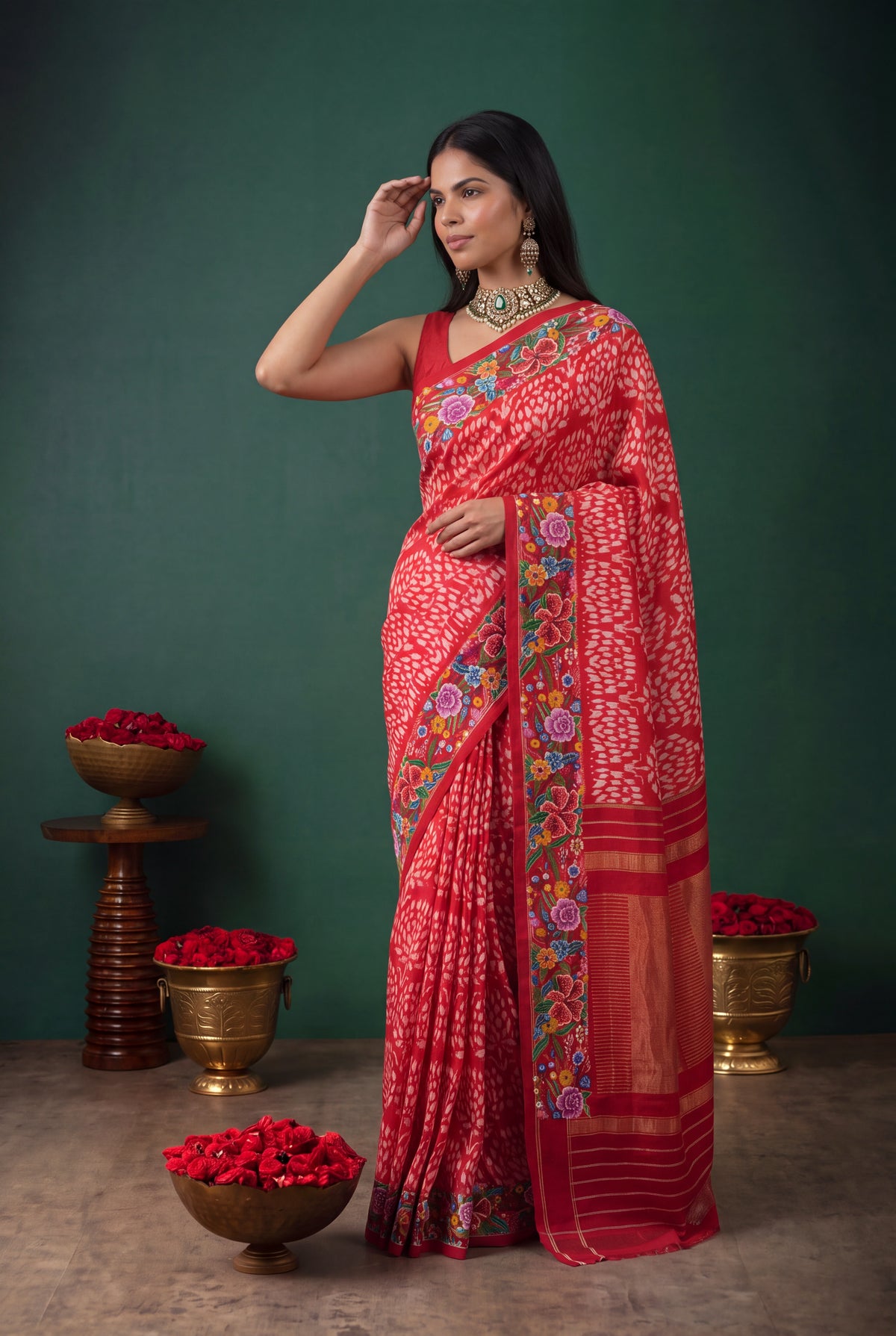 Red Ikat Silk Saree with Petit Point Border - Mokshaa