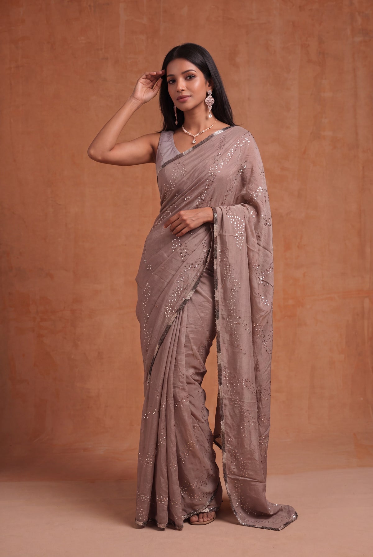 Brown Crush Crepe Saree with Sequin Work - Mokshaa
