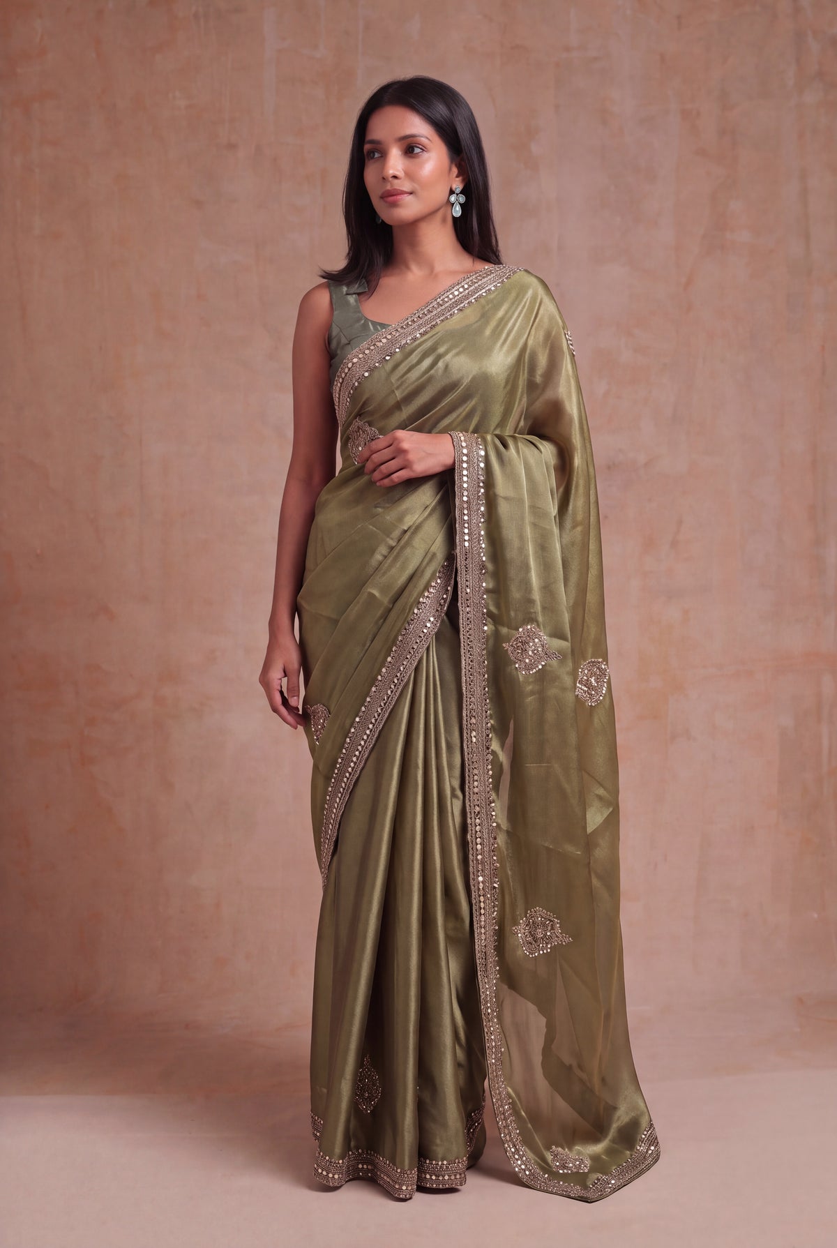 Olive Green Organza Saree with Gold Embellishments - Mokshaa