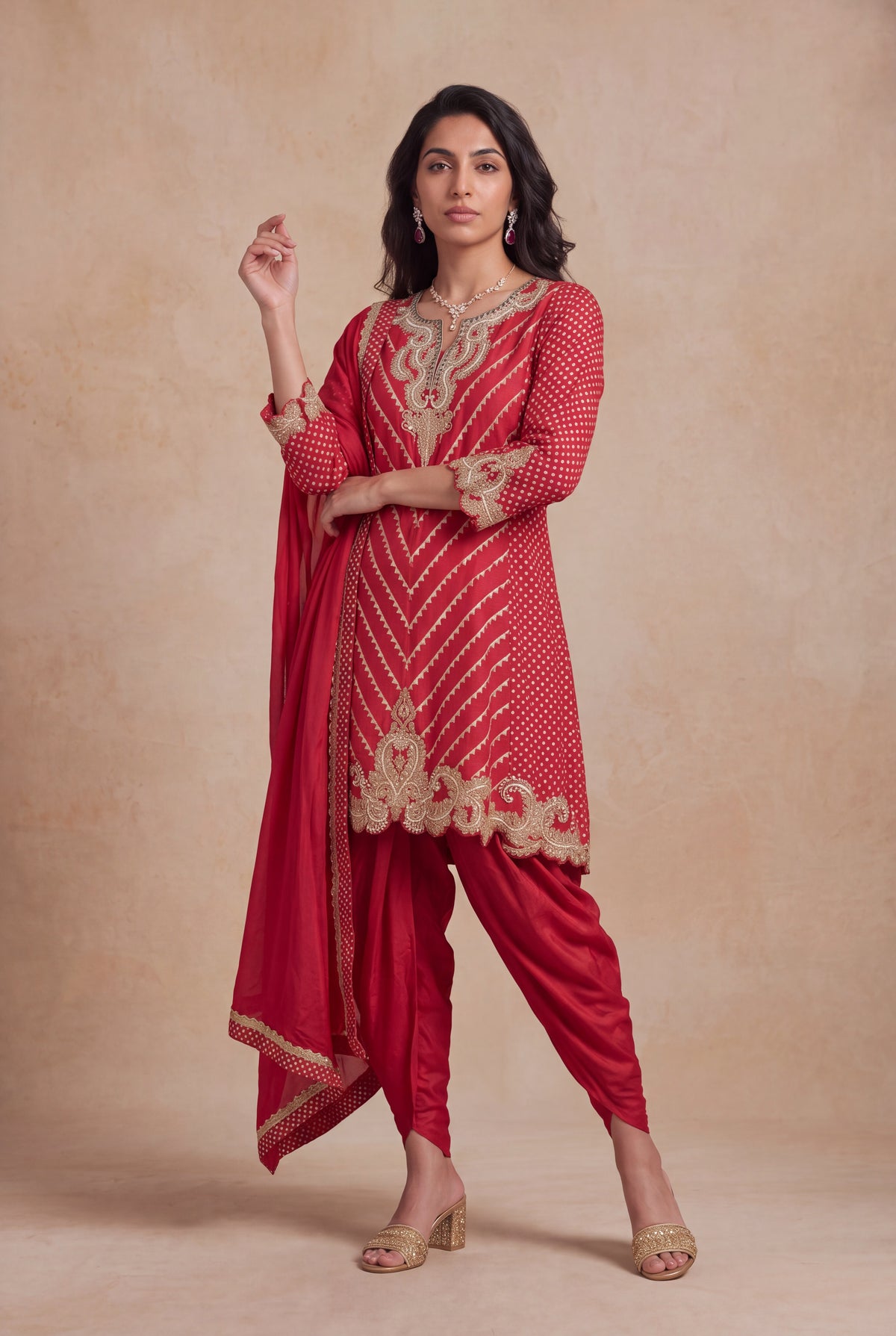Cherry Red Banarasi Silk Indo Western Set with Zari and Pearl Work - Mokshaa
