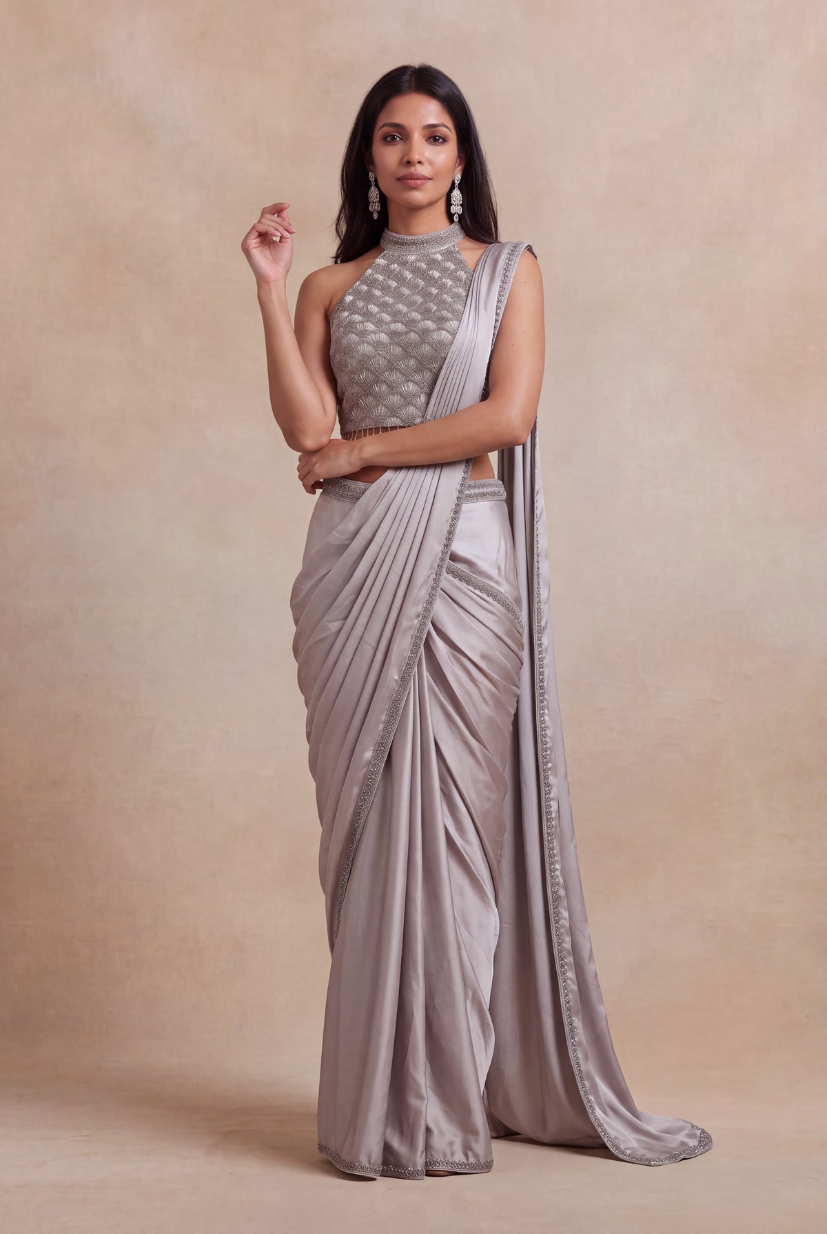 Silver Grey Satin Silk Ready-to-Wear Saree with Embellished Blouse - Mokshaa