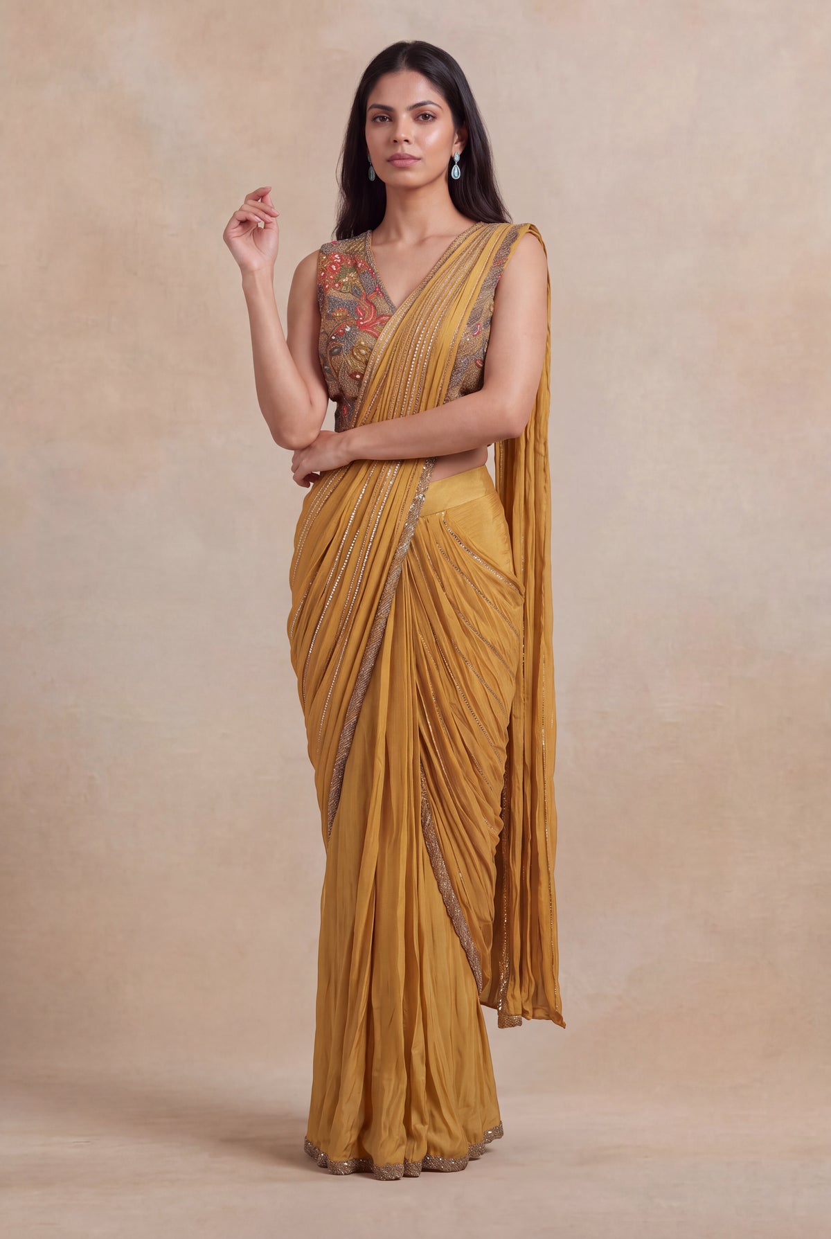 Mustard Yellow Draped Saree with Metallic Embroidered Blouse - Mokshaa