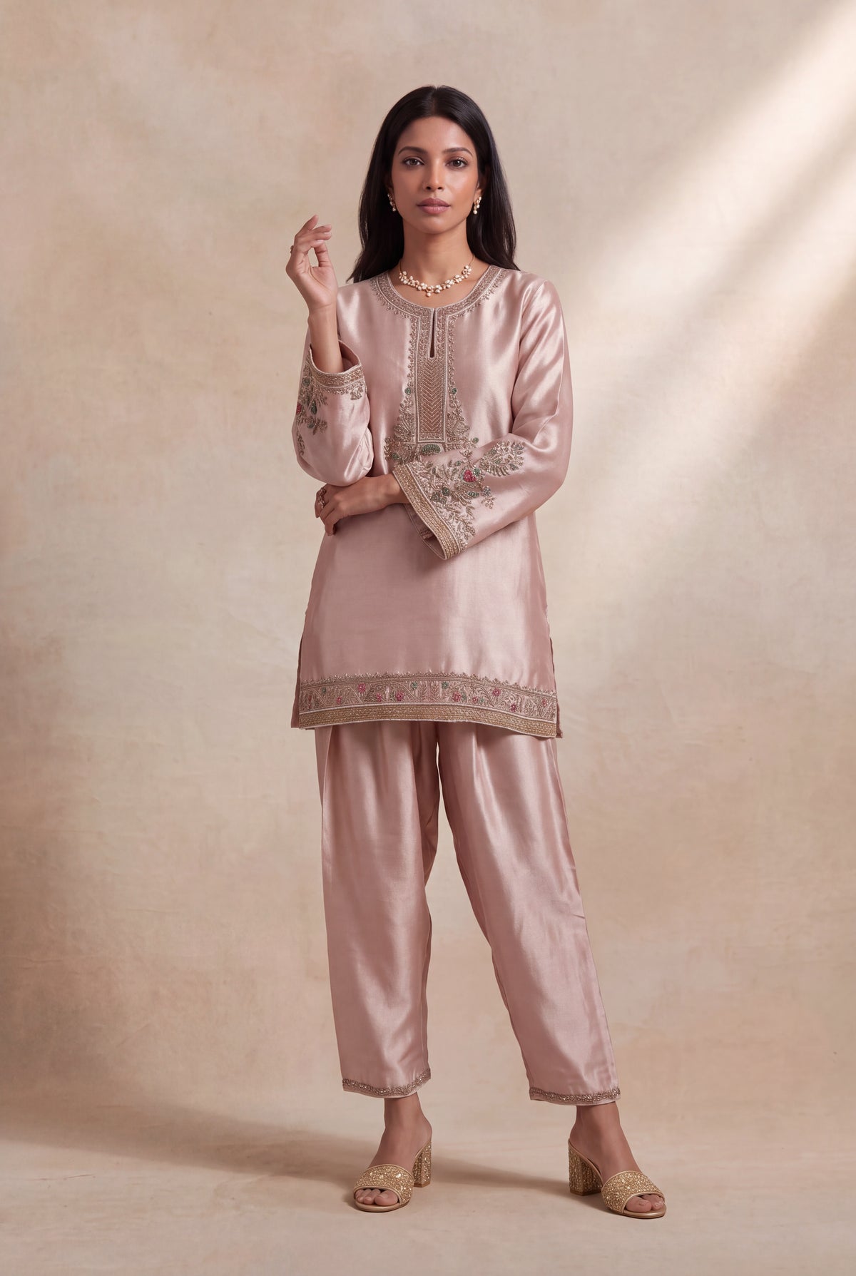 Blush Pink Tissue Indo-Western Set - Mokshaa