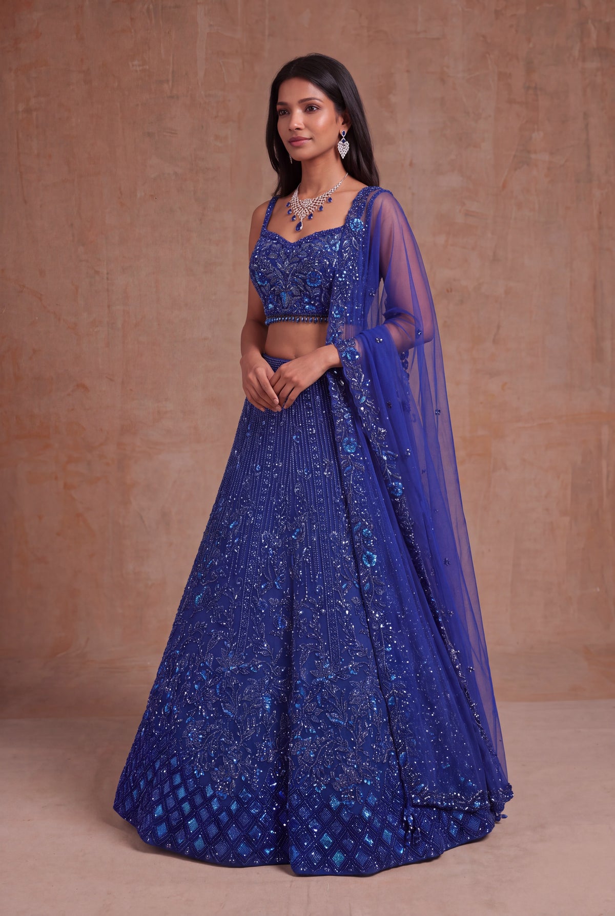 Royal Blue Net Lehenga with Sequin, Kutdana & Stone Embroidery - Mokshaa
