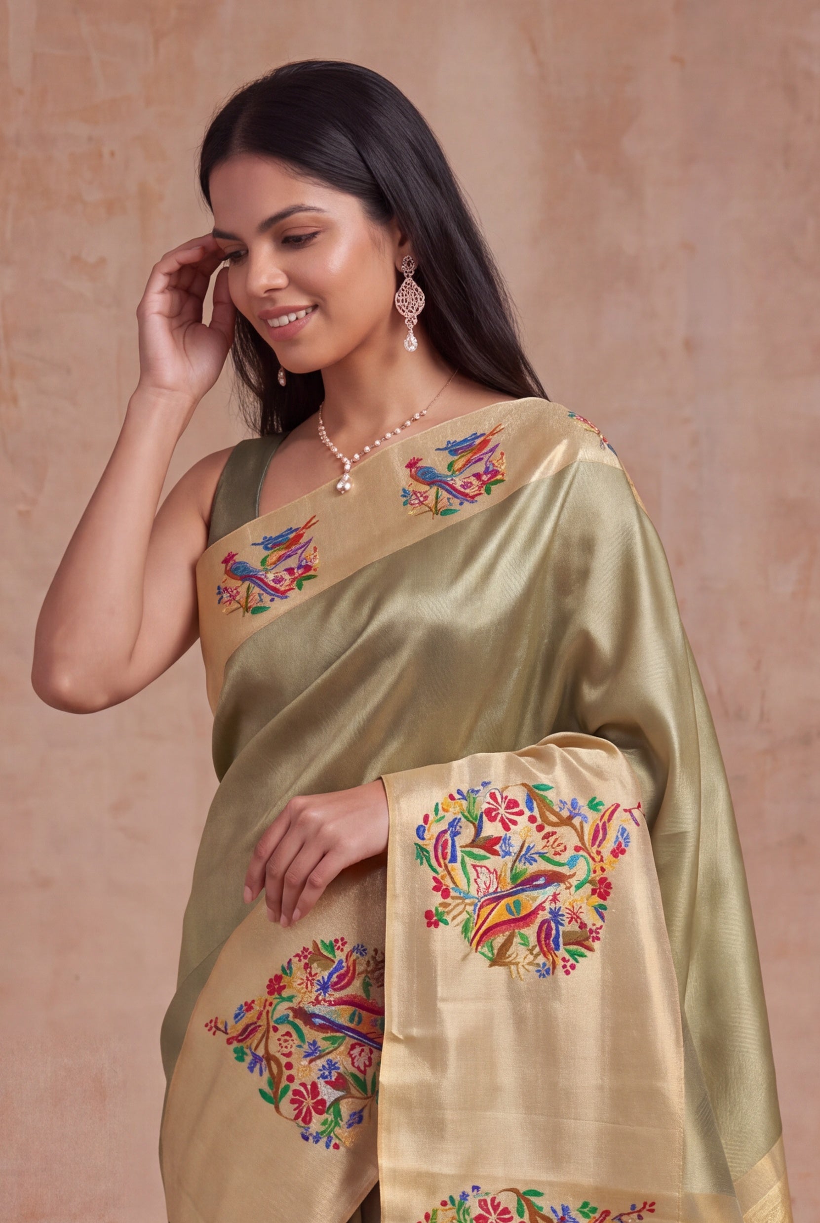 Pista Tissue Kanchivaram Silk Saree with Multicolour Motifs